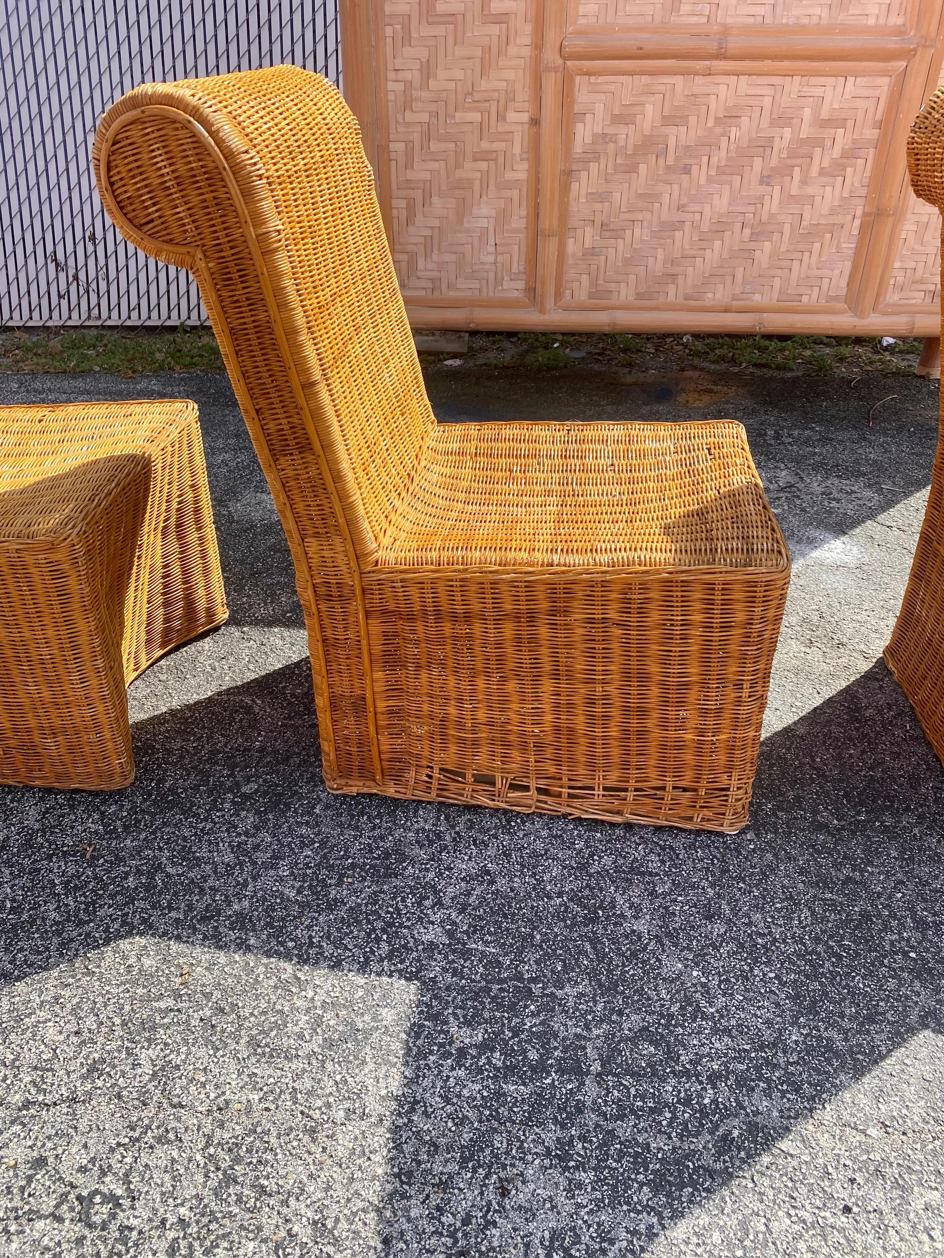 1970s Rattan Wicker Sculptural Rolled Back Dining Side Chairs, Set of 4 For Sale 4