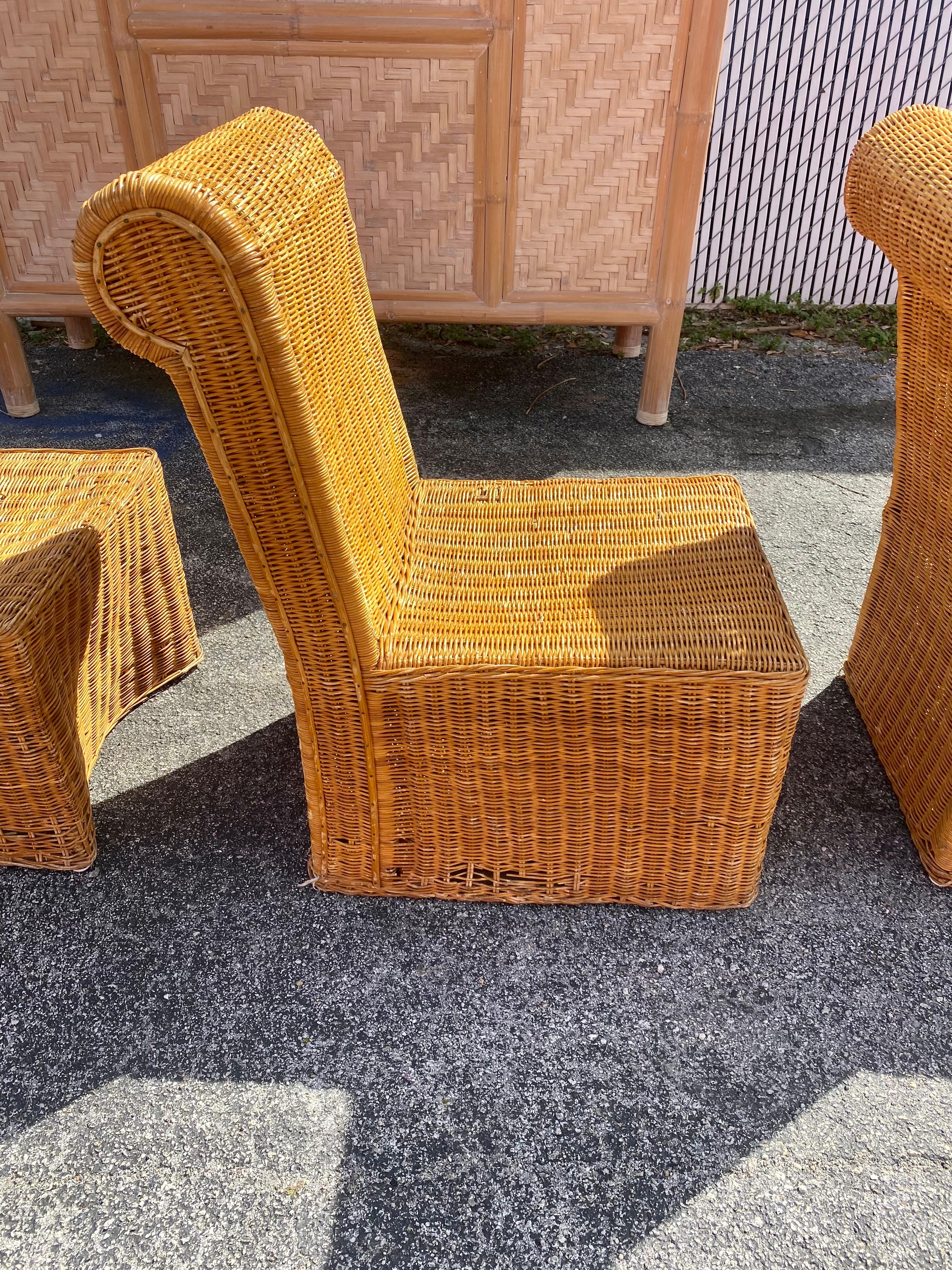 1970s Rattan Wicker Sculptural Rolled Back Dining Side Chairs, Set of 4 For Sale 5