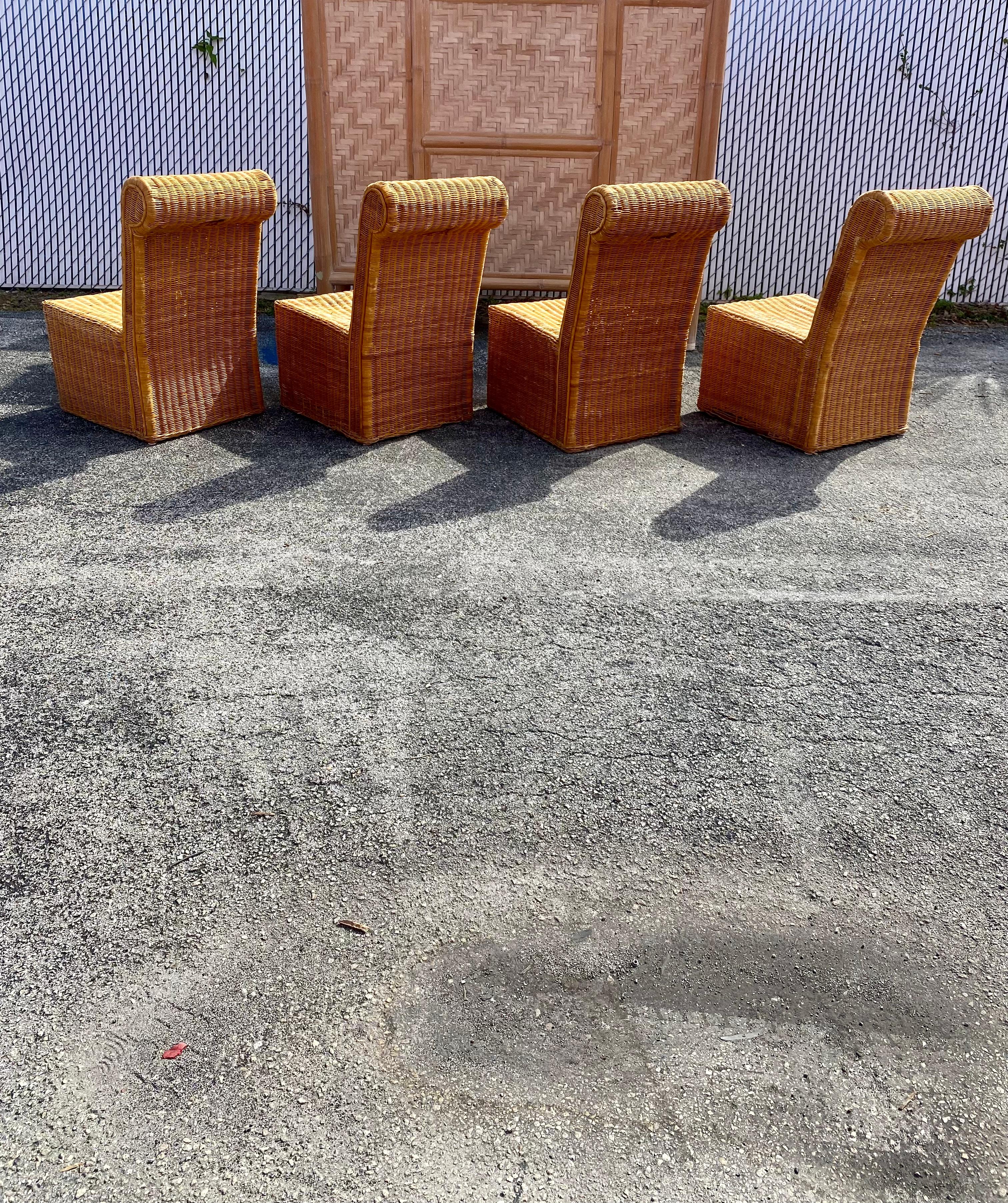 1970s Rattan Wicker Sculptural Rolled Back Dining Side Chairs, Set of 4 For Sale 8