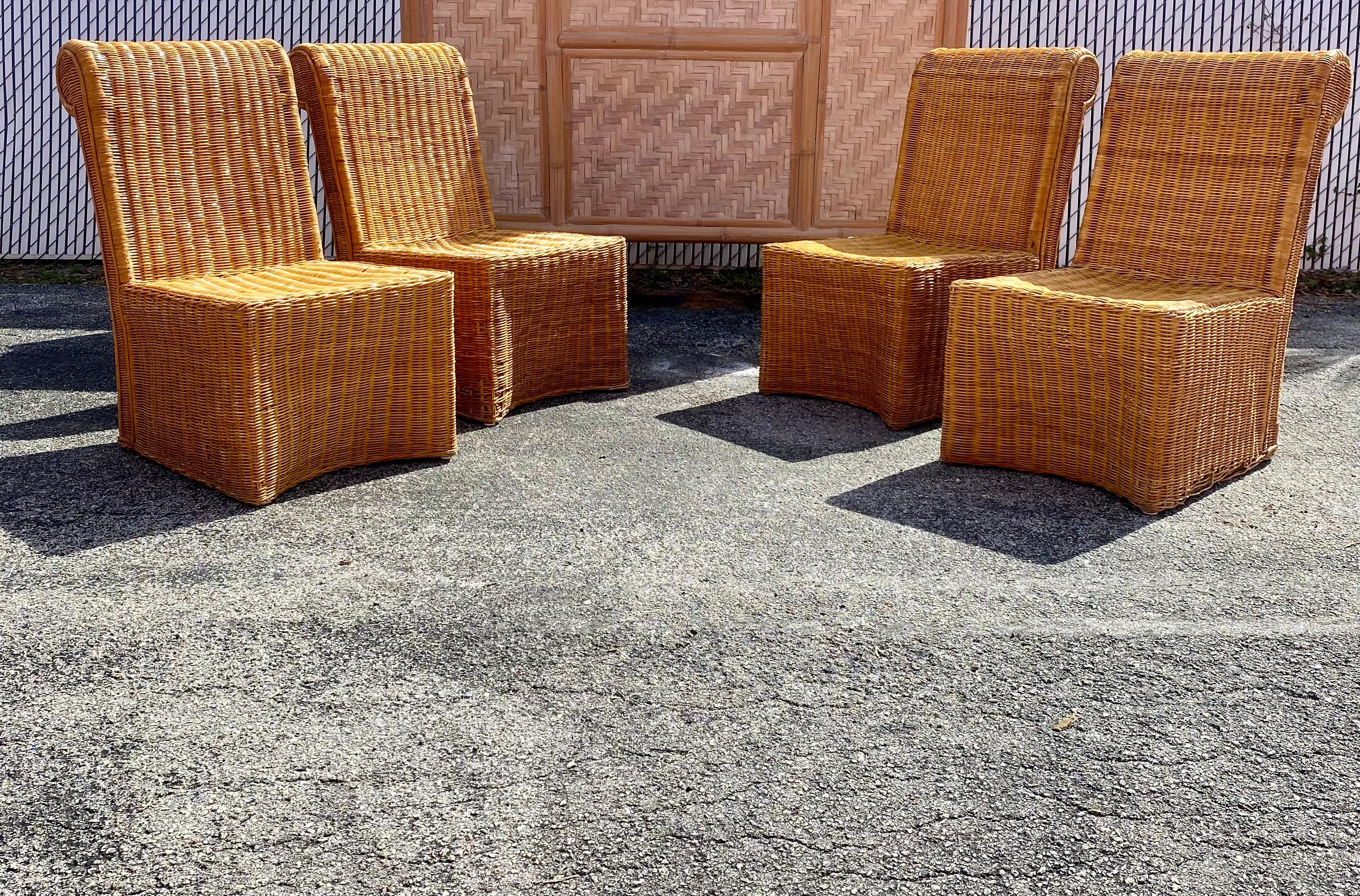 On offer on this occasion is one of the most stunning and rare sculptural rattan dining chairs set you could hope to find. Outstanding design is exhibited throughout. The beautiful set is statement piece which is also extremely comfortable and