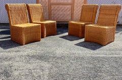1970s Rattan Wicker Sculptural Rolled Back Dining Side Chairs, Set of 4