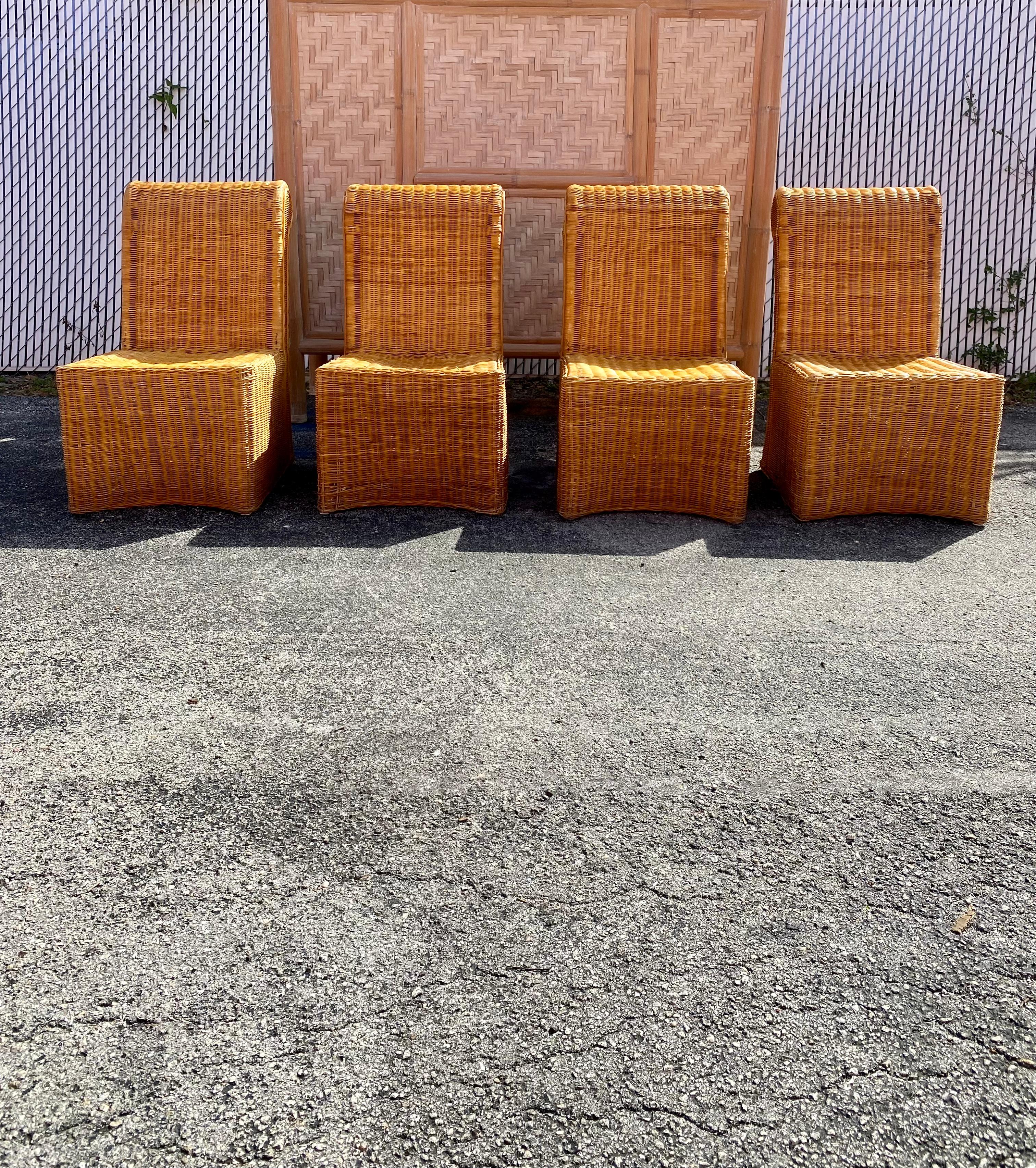 Mid-Century Modern 1970s Rattan Wicker Sculptural Rolled Back Dining Side Chairs, Set of 4 For Sale