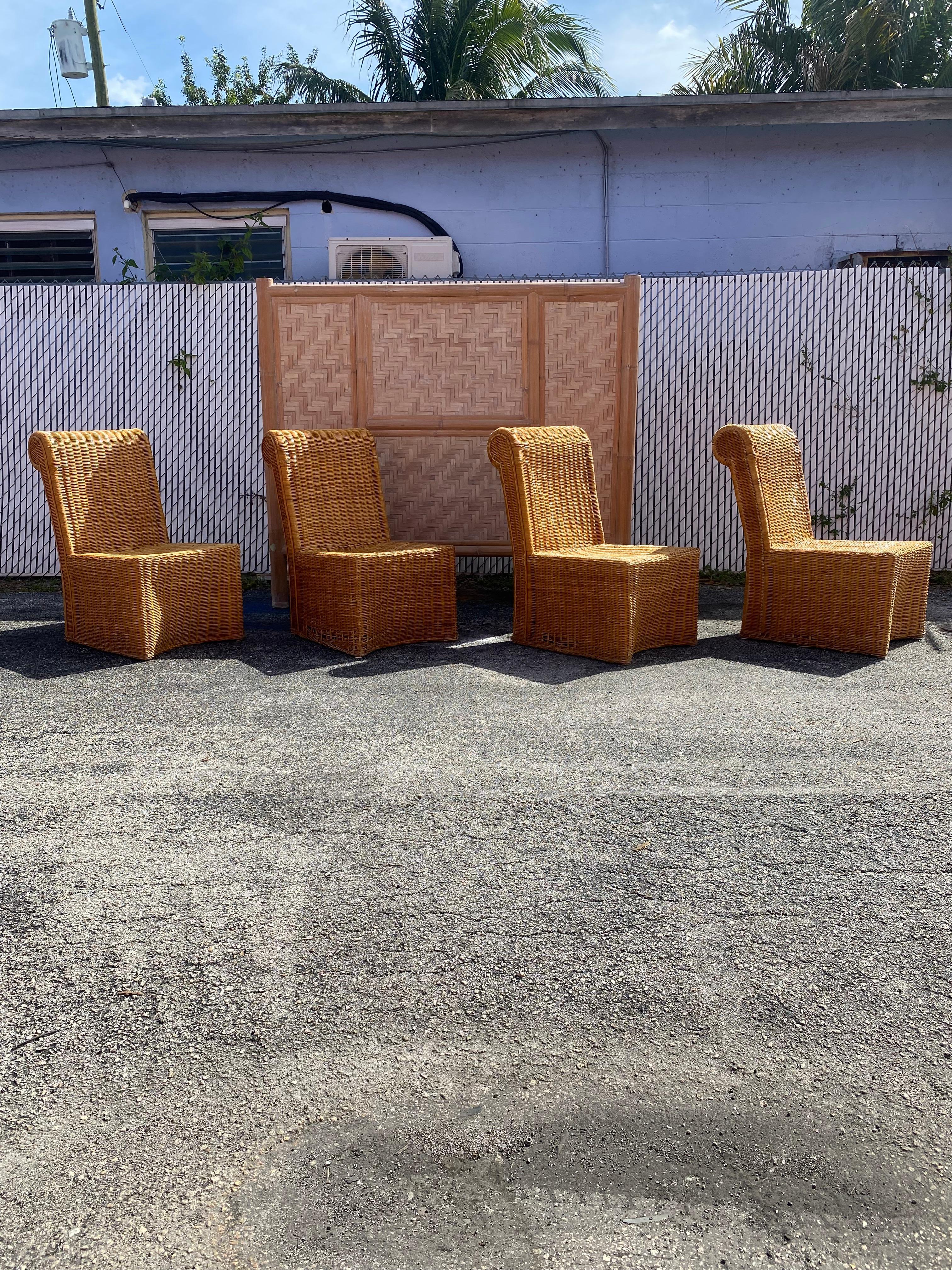 1970s Rattan Wicker Sculptural Rolled Back Dining Side Chairs, Set of 4 In Good Condition For Sale In Fort Lauderdale, FL