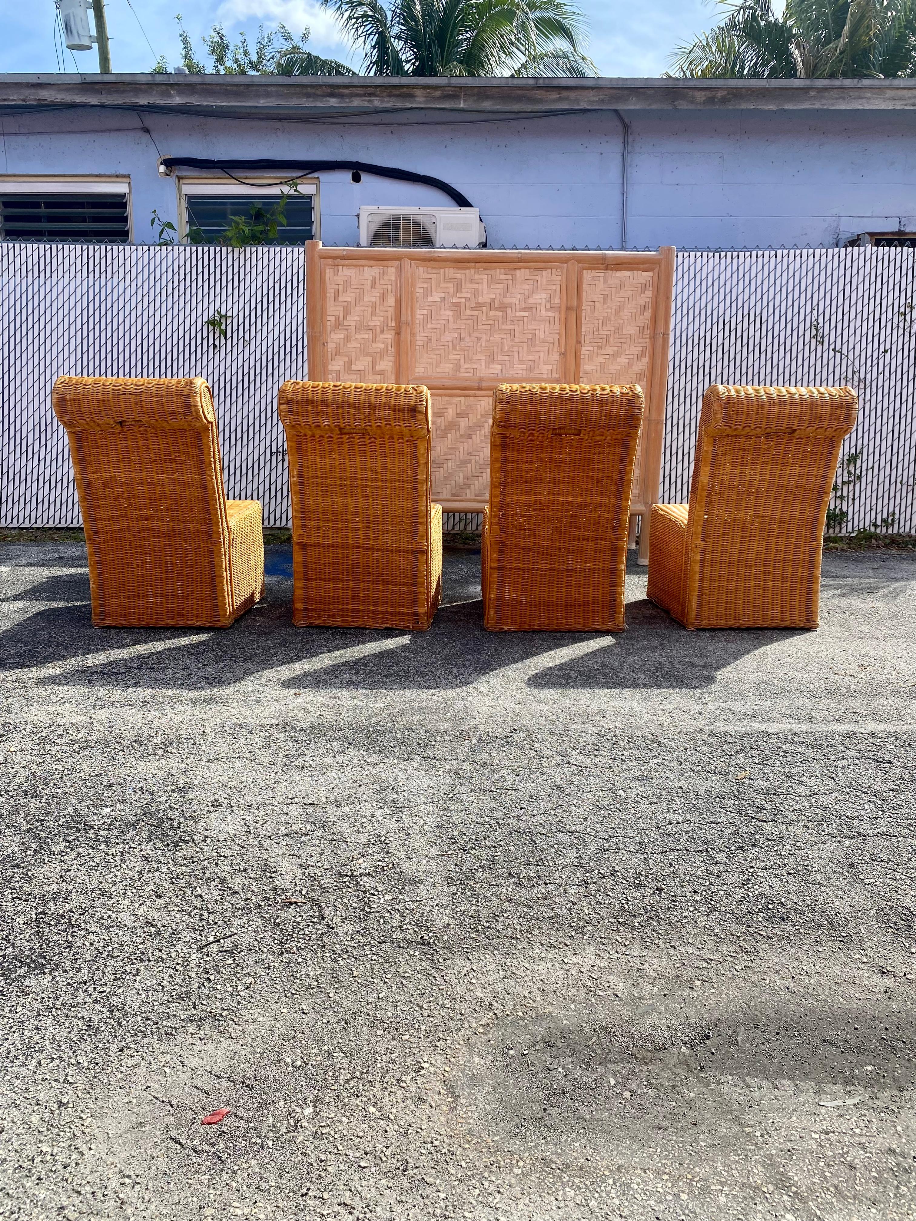1970s Rattan Wicker Sculptural Rolled Back Dining Side Chairs, Set of 4 For Sale 1