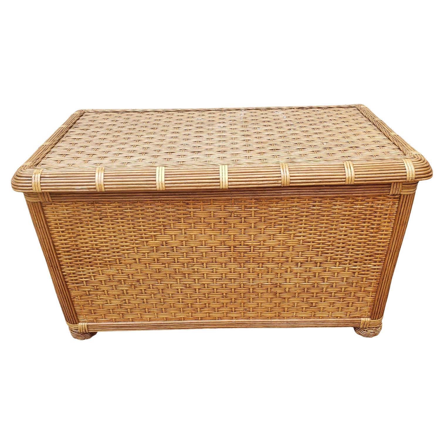 1970s Rattan Wicker Storage Blanket Chest Trunk For Sale