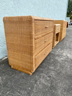 1970s Rattan Wicker MCM Waterfall Chest Dresser Nightstand, Set of 3