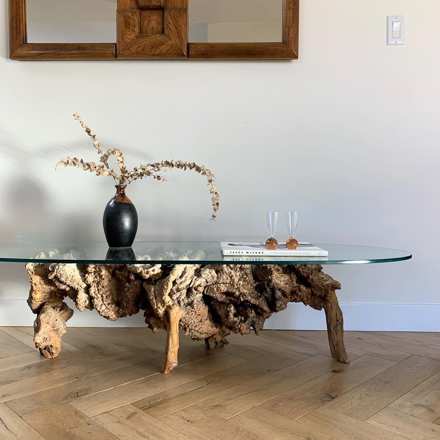 1970s raw root wood coffee table with oval glass. Narrow, elegant, organic. Minor signs of age on glass upon close inspection (shown in pics), but overall great condition. 
Measures: 59” W x 23.25” D x 15” H.