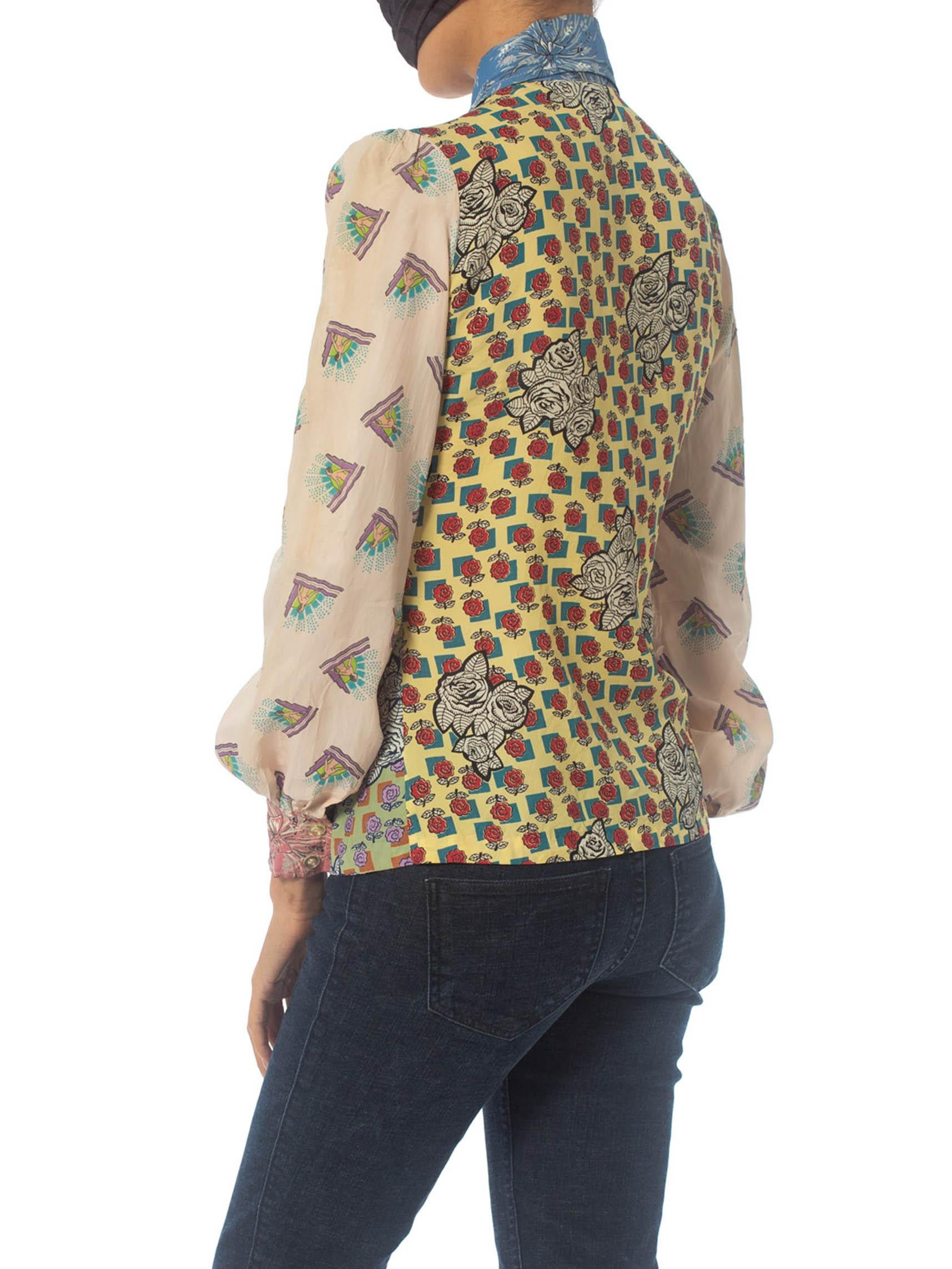 1970S Rayon Patchwork Print Shirt Made From 1940S Vintage Prints In Excellent Condition In New York, NY