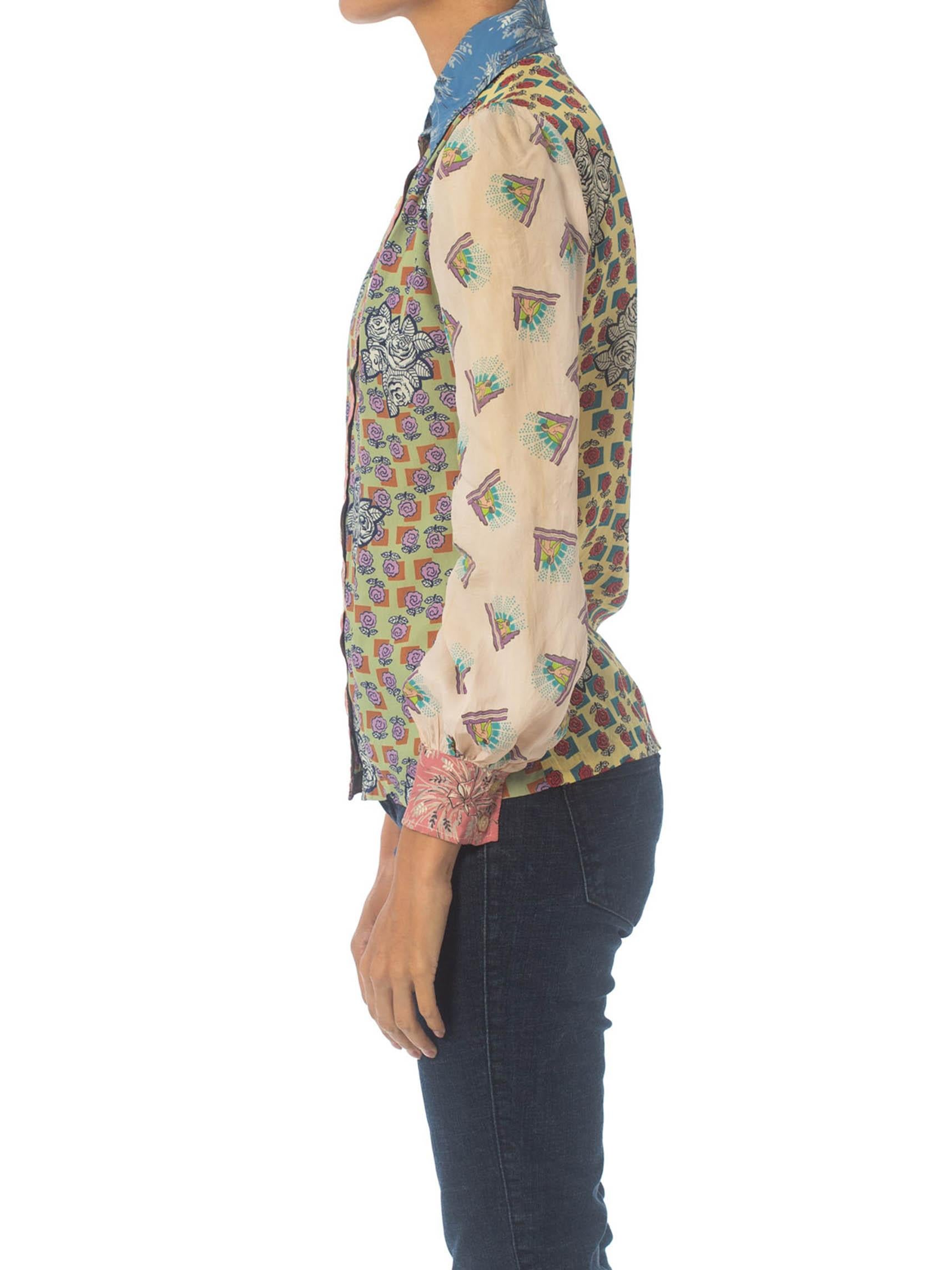 Women's 1970S Rayon Patchwork Print Shirt Made From 1940S Vintage Prints
