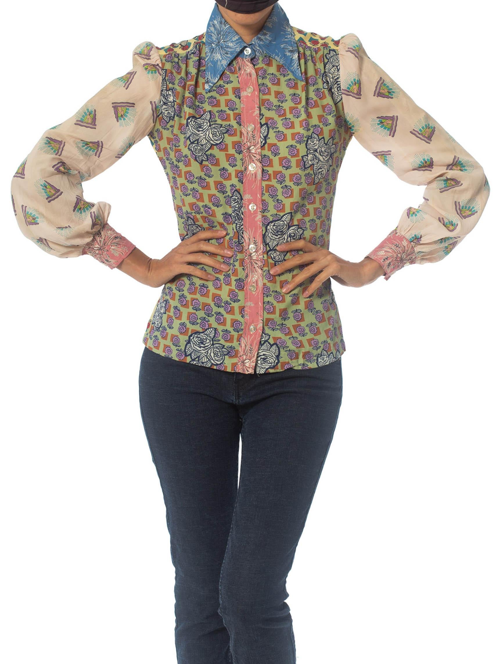 1970S Rayon Patchwork Print Shirt Made From 1940S Vintage Prints 2