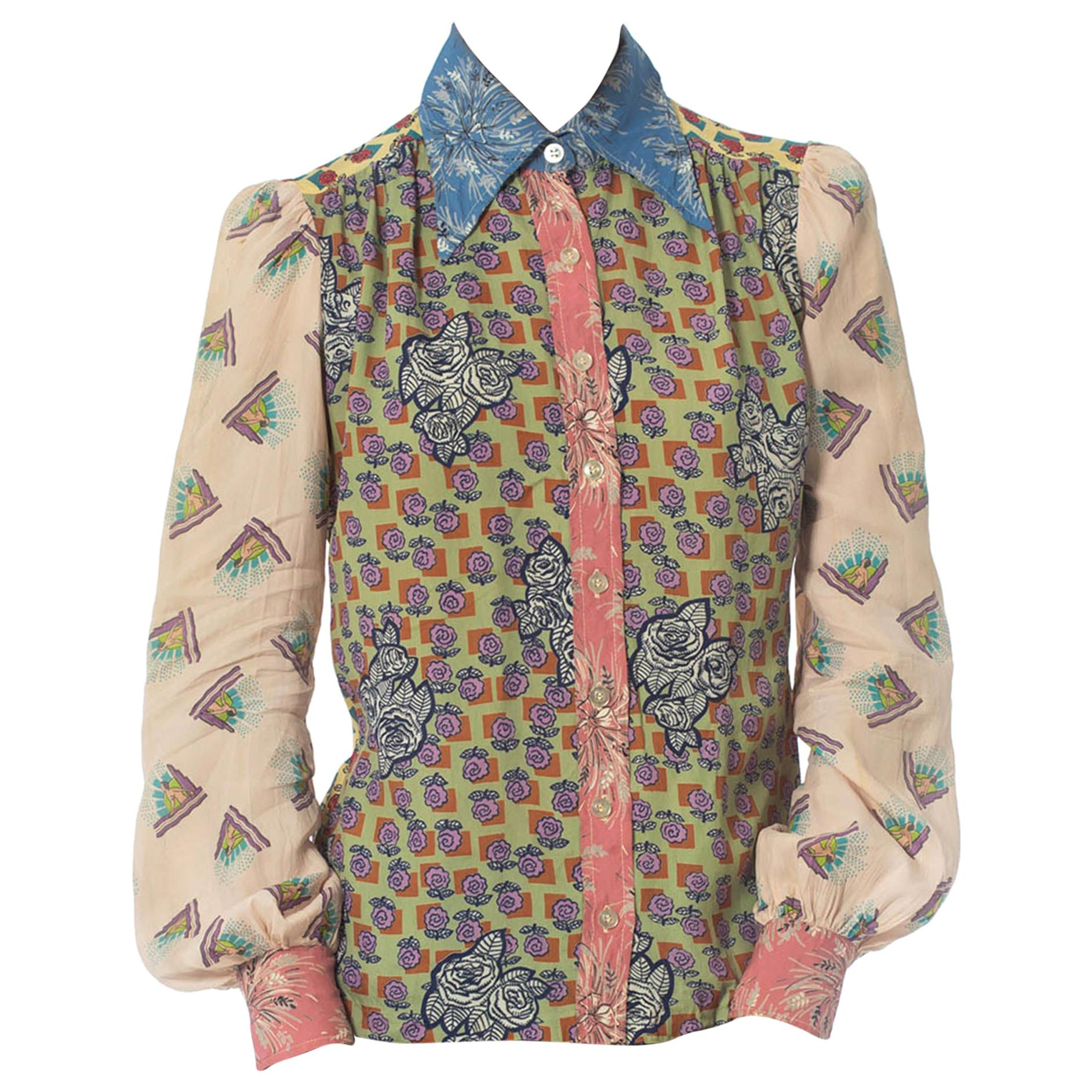1970S Rayon Patchwork Print Shirt Made From 1940S Vintage Prints