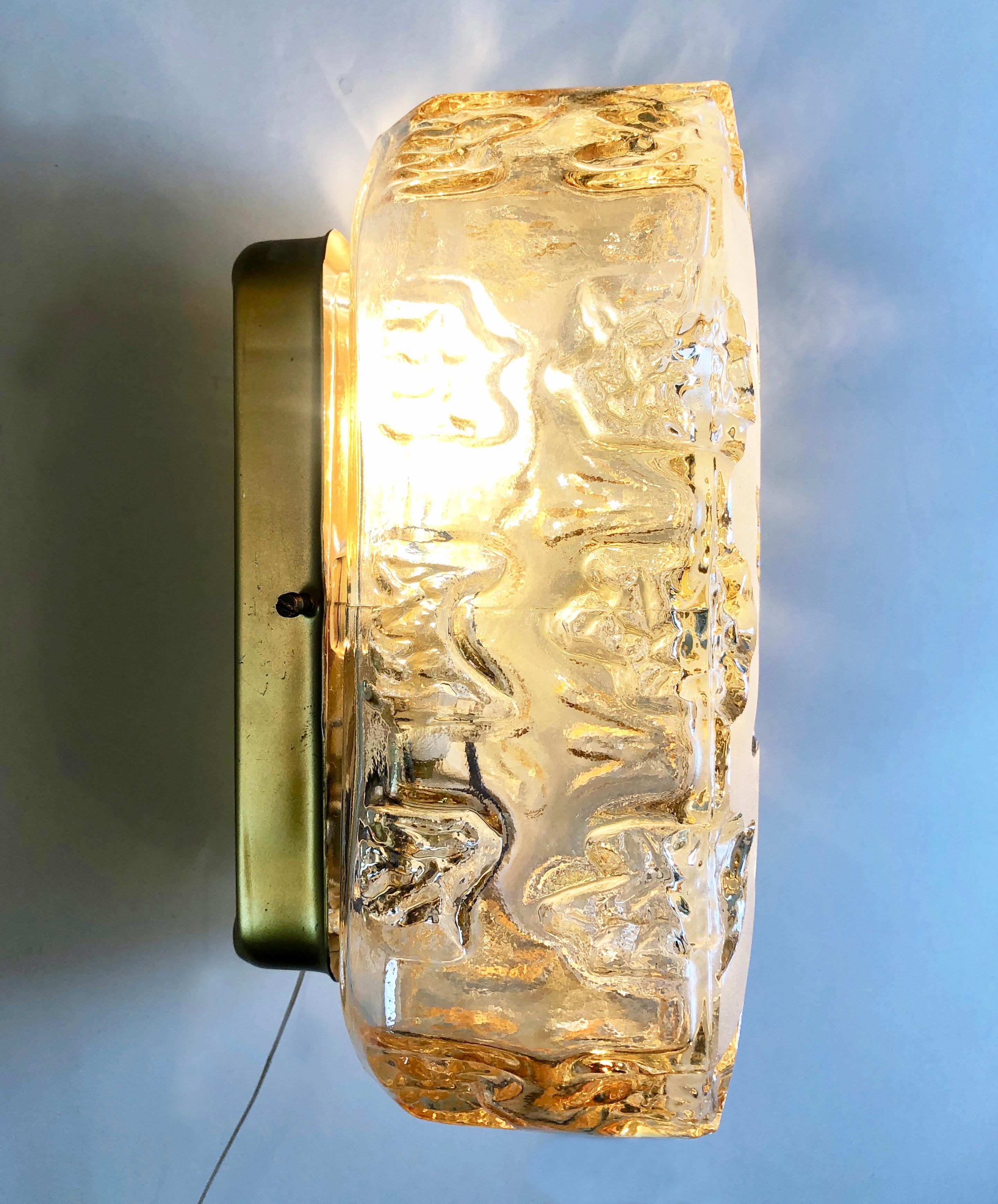 Art Glass 1970s Rectangle Ice Glass Flush Mount Wall Light Honsel Leuchten, Germany For Sale