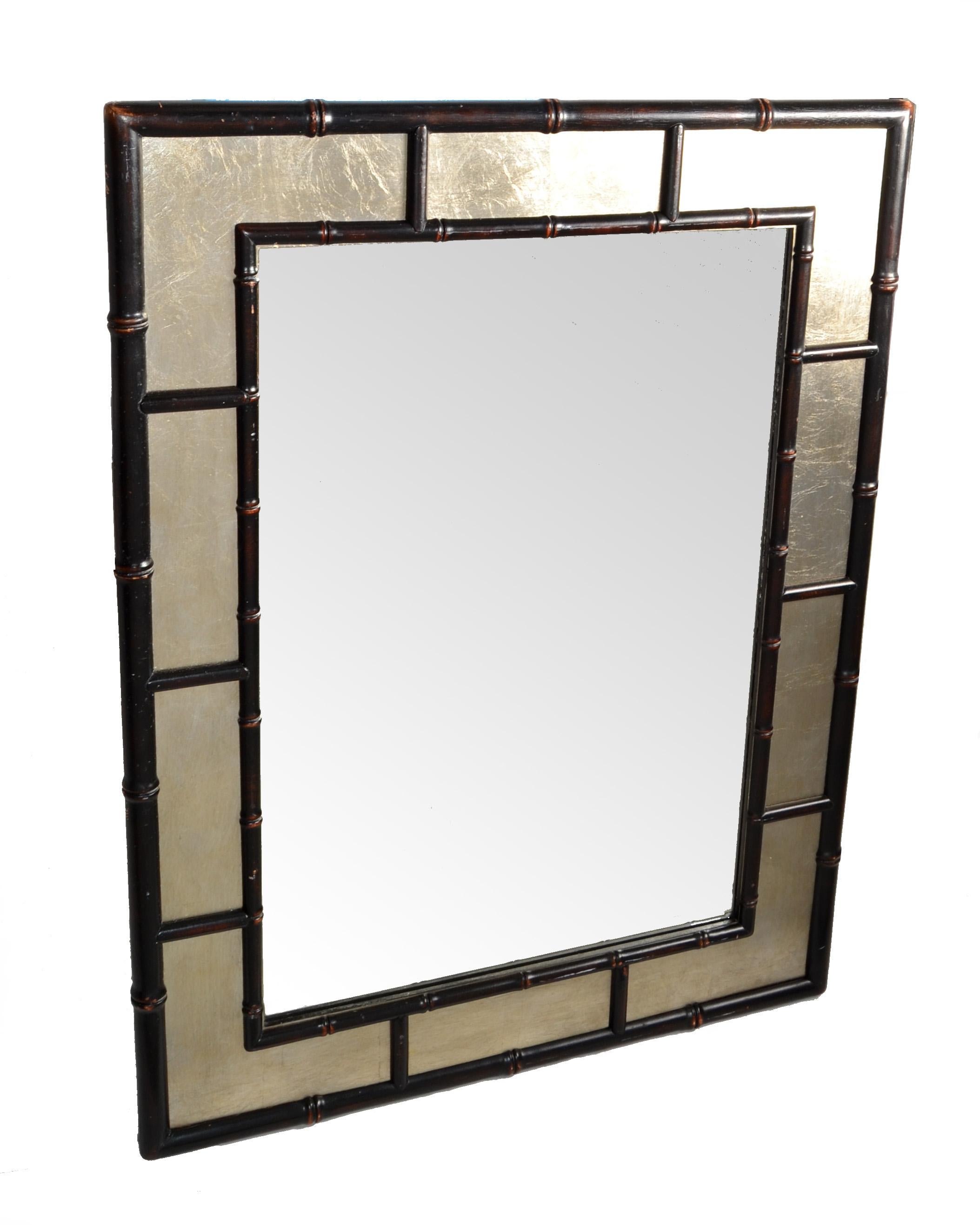 1970 Rectangle Silver and Brown Faux Bamboo Wood Wall Mirror Mid-Century Modern (Miroir mural en bois de bambou) en vente 7
