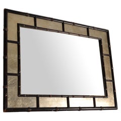 Espejo de pared rectangular plateado y marrón de madera de bambú de los años 70 Moderno de mediados de siglo