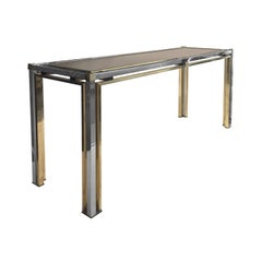 1970s Rectangular Brass and Chrome Console with Smoke Glass Top by Romeo Rega 