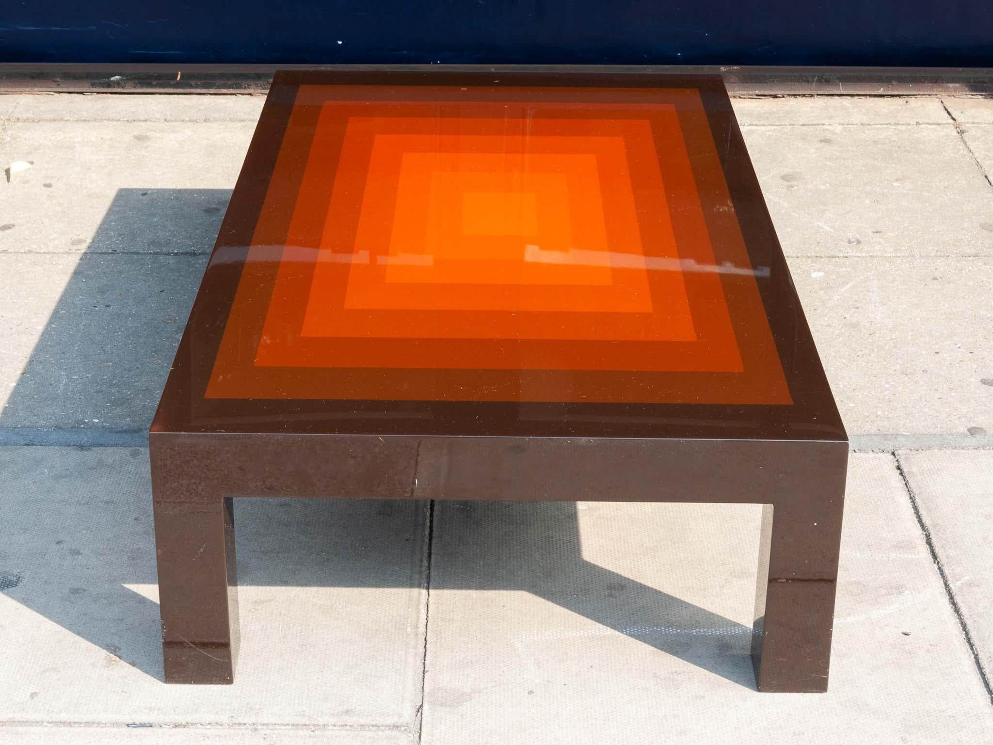 Polished 1970s Rectangular Multi-Colored Brown and Orange High Gloss Coffee Table
