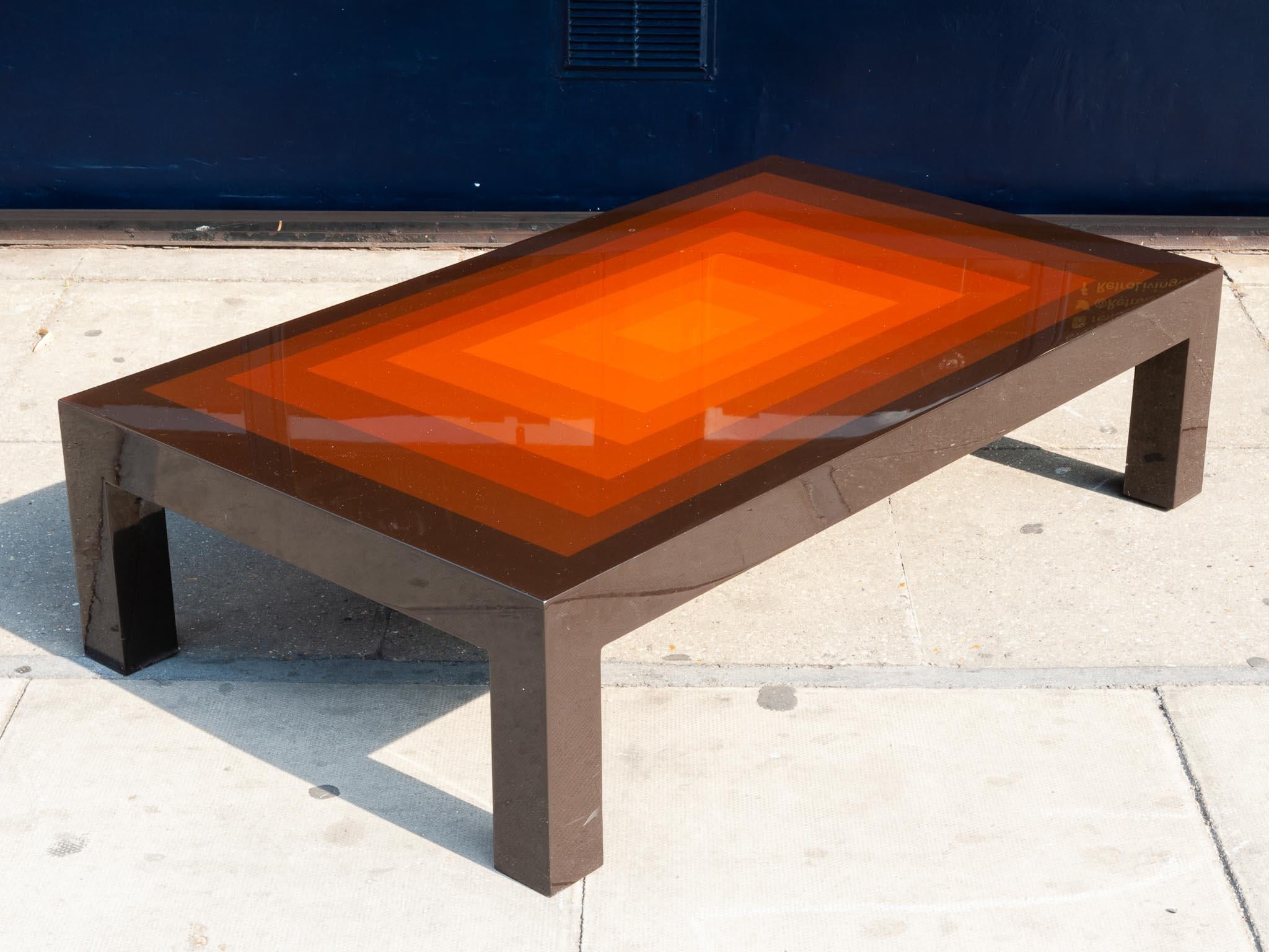 1970s Rectangular Multi-Colored Brown and Orange High Gloss Coffee Table In Good Condition In London, GB