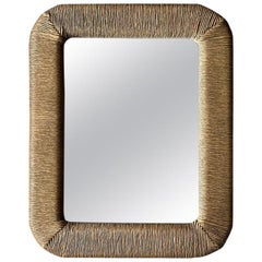 1970s Rectangular Tall Rattan Wrapped Faux Wood Mirror