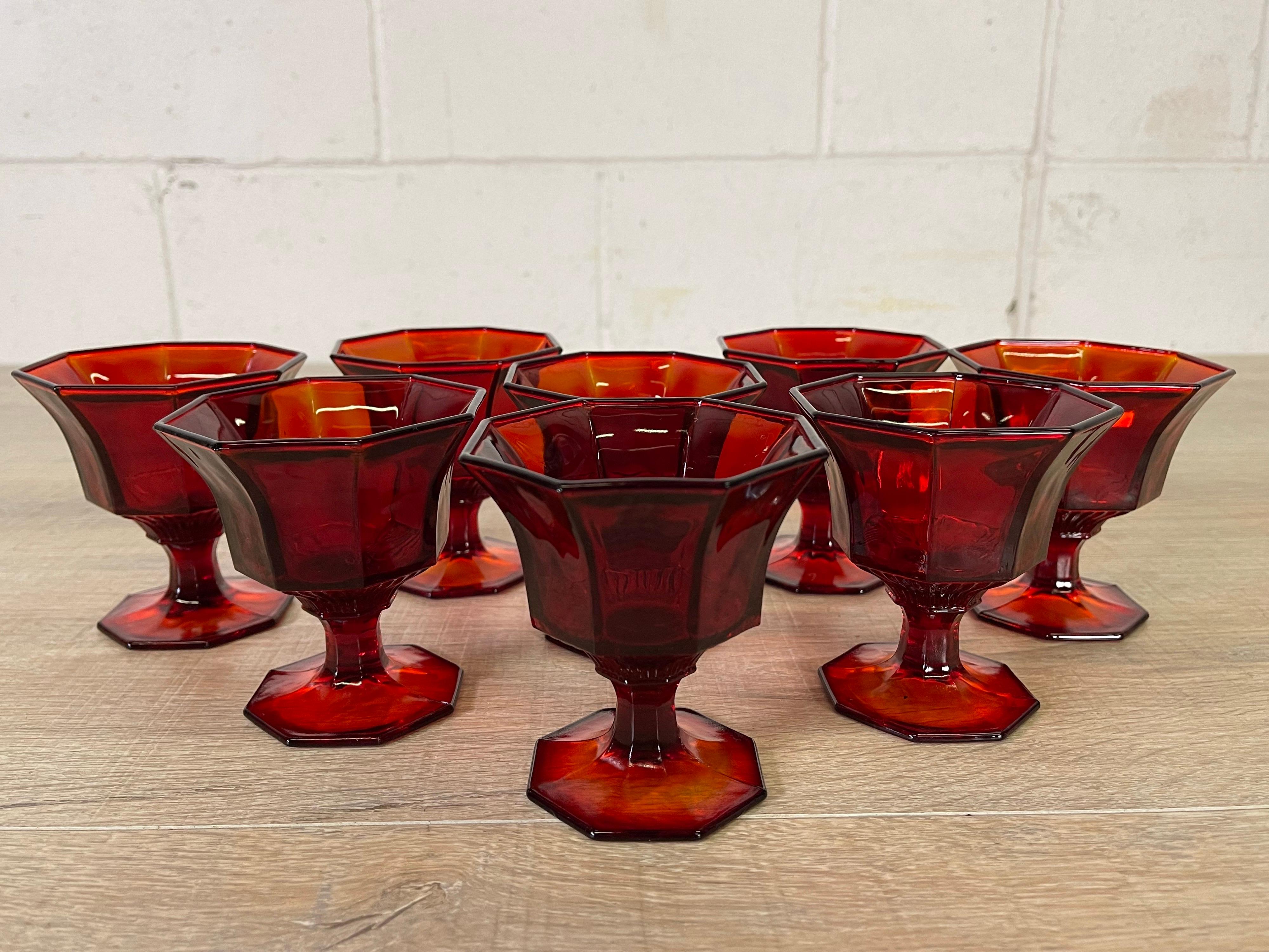 Mid-Century Modern 1970s Red 8-Sided Glass Coupes, Set of 8 For Sale