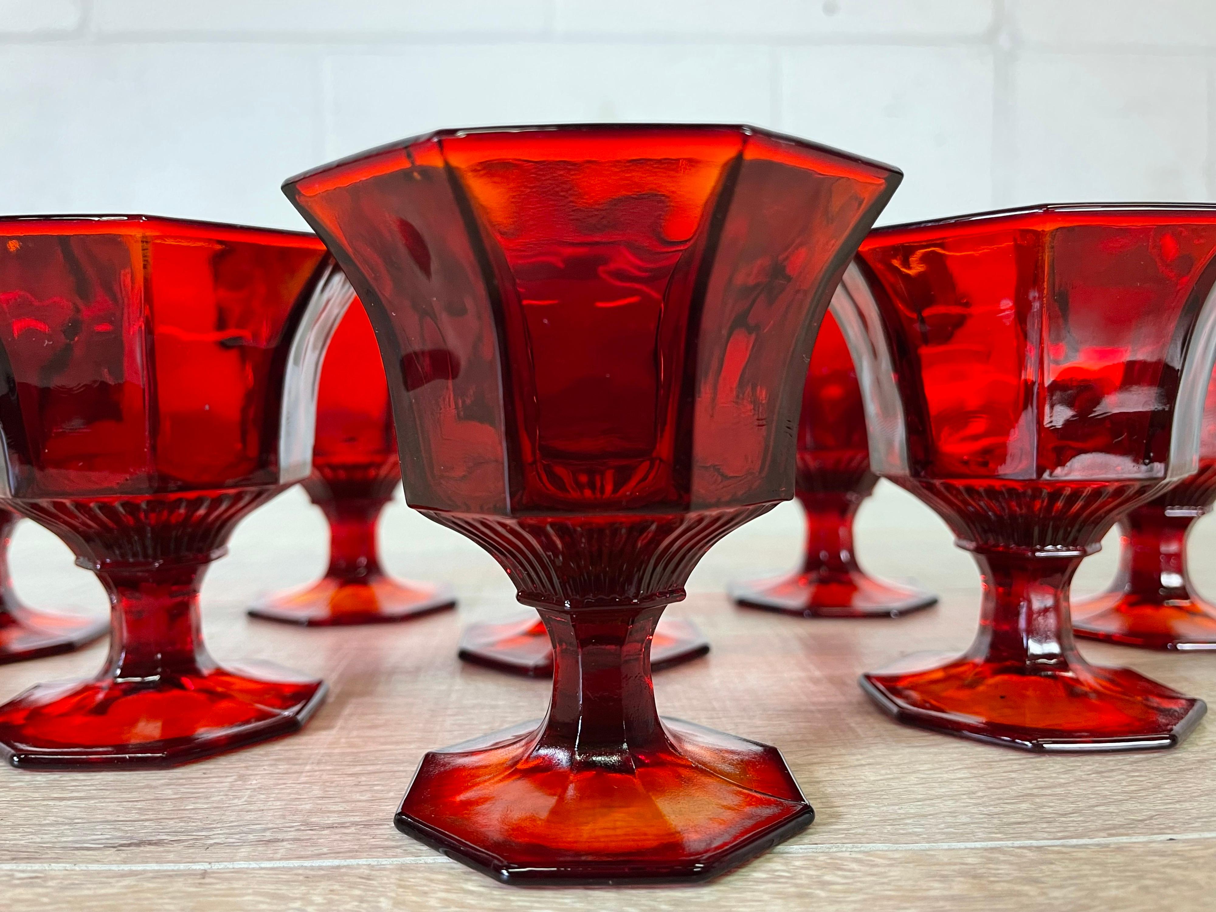 1970s Red 8-Sided Glass Coupes, Set of 8 In Good Condition For Sale In Amherst, NH