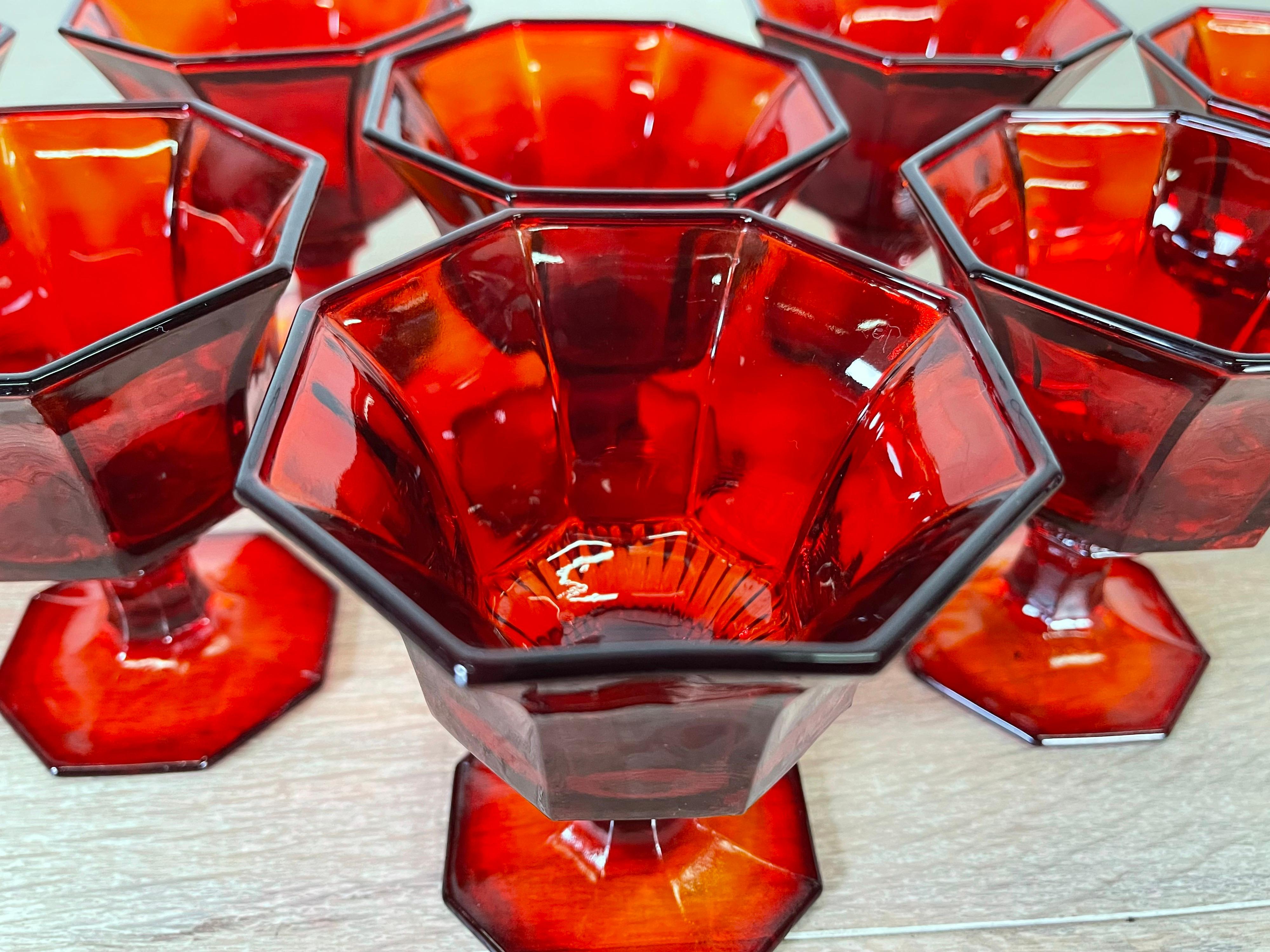 1970s Red 8-Sided Glass Coupes, Set of 8 For Sale 1