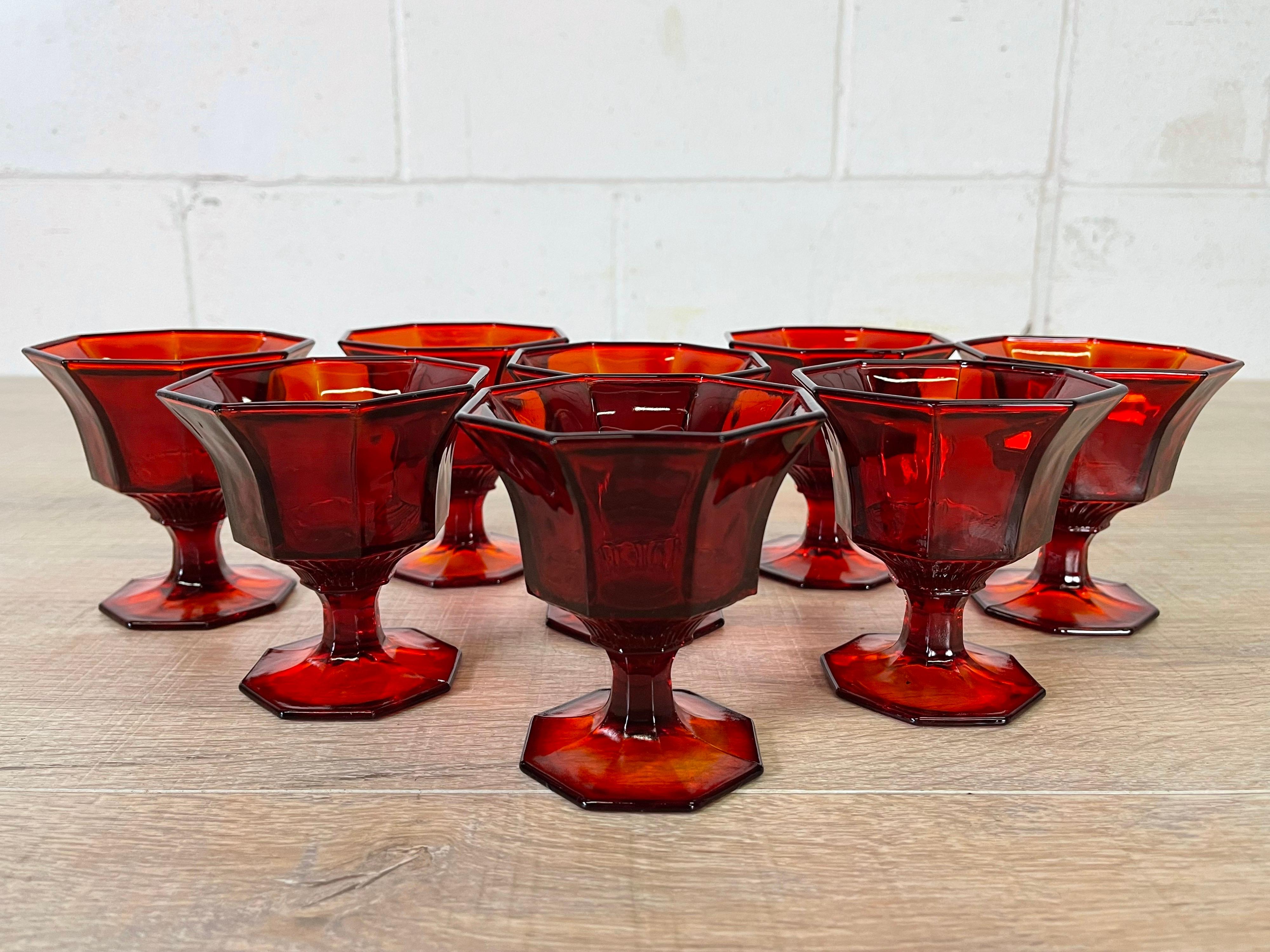 1970s Red 8-Sided Glass Coupes, Set of 8 For Sale 2