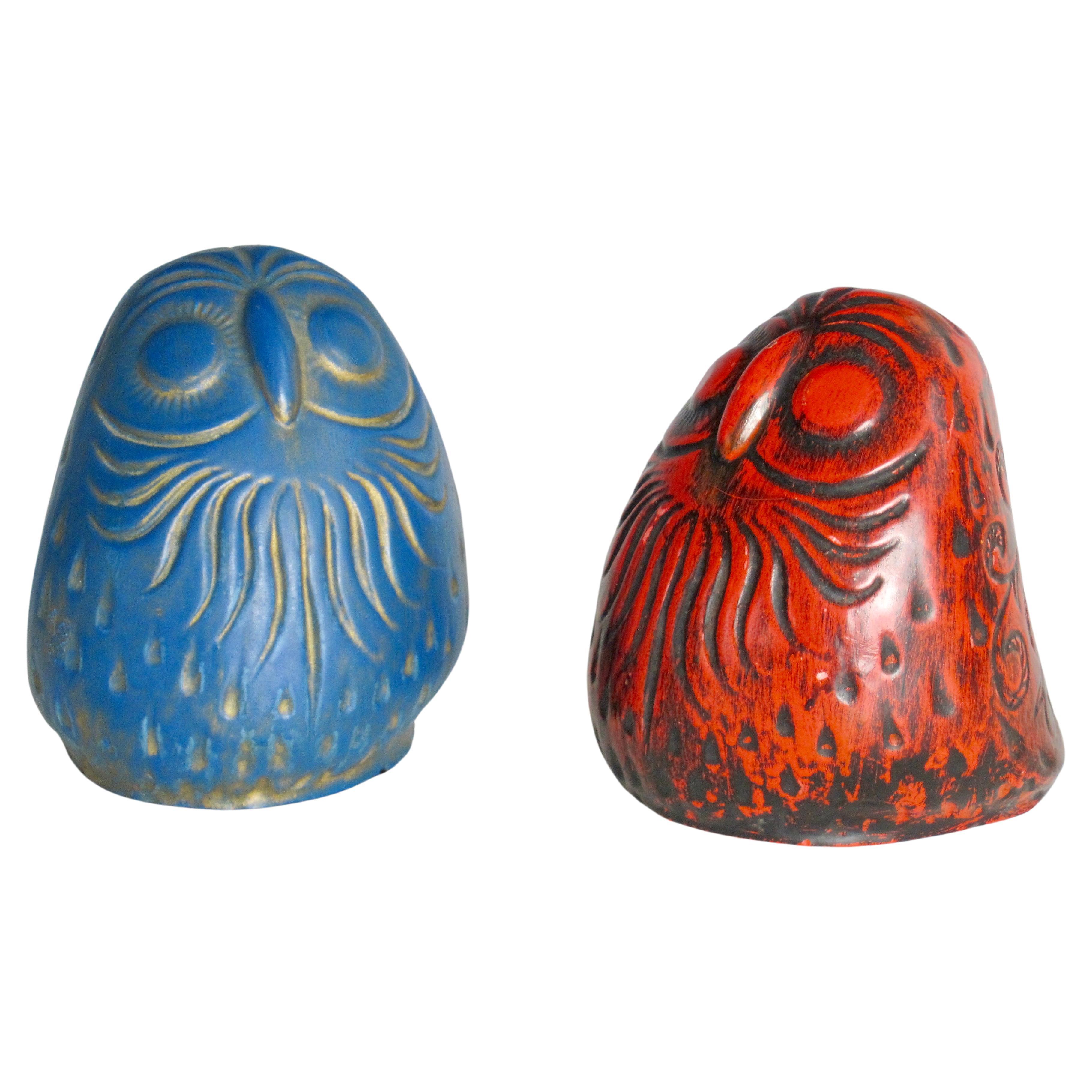 1970s Red and Blue Owl Sculpture Pair