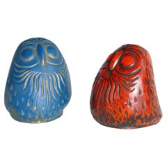 1970s Red and Blue Owl Sculpture Pair