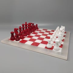 1970s Red and White Chess Set in Volterra Alabaster Handmade, Made in Italy