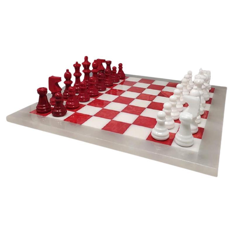 1970s Red and White Chess Set in Volterra Alabaster Handmade, Made in Italy