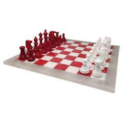 1970s Red and White Chess Set in Volterra Alabaster Handmade, Made in Italy