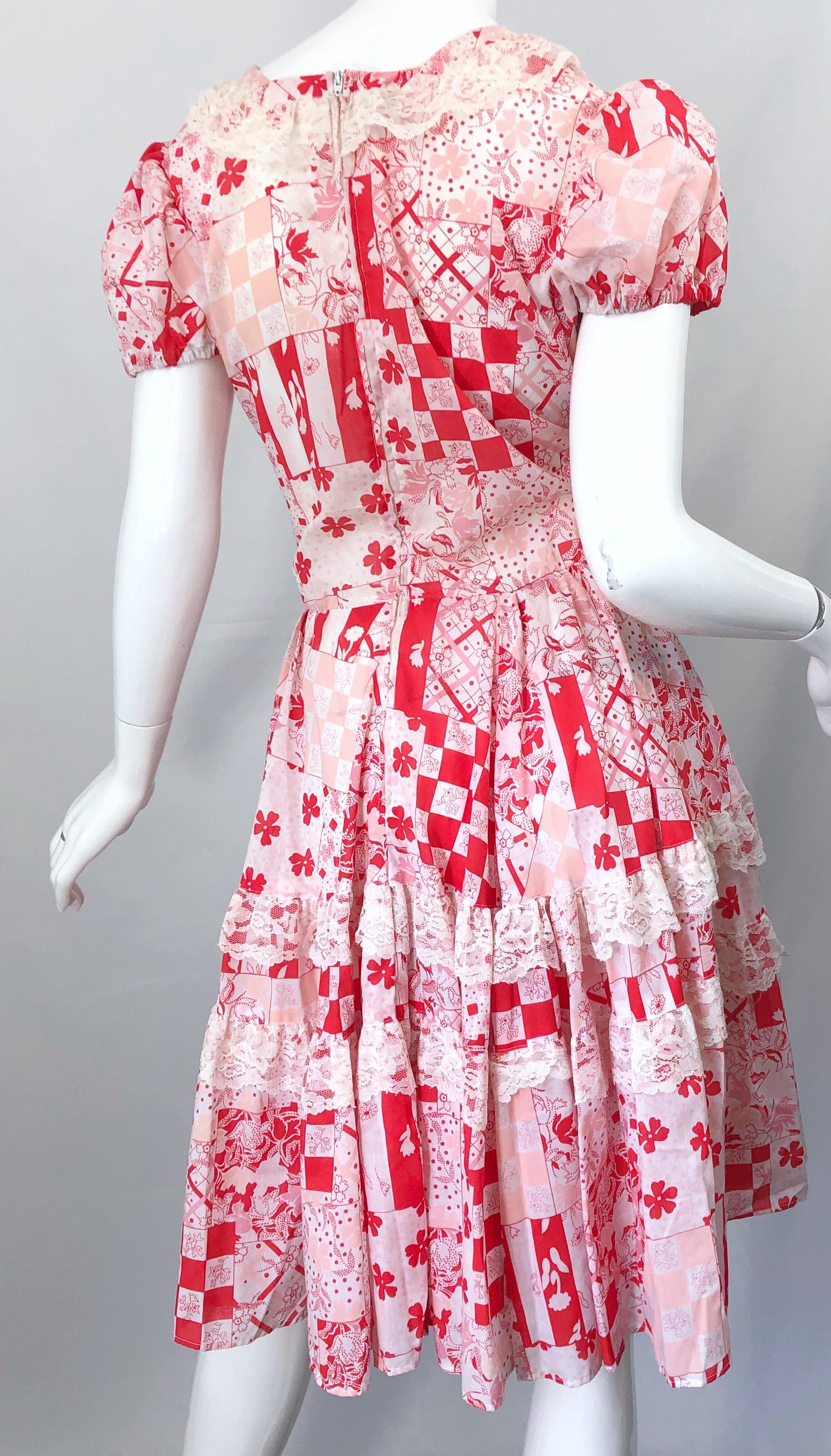 1970s Red and White Novelty Checker + Flower Print Vintage 70s Cotton Dress 2