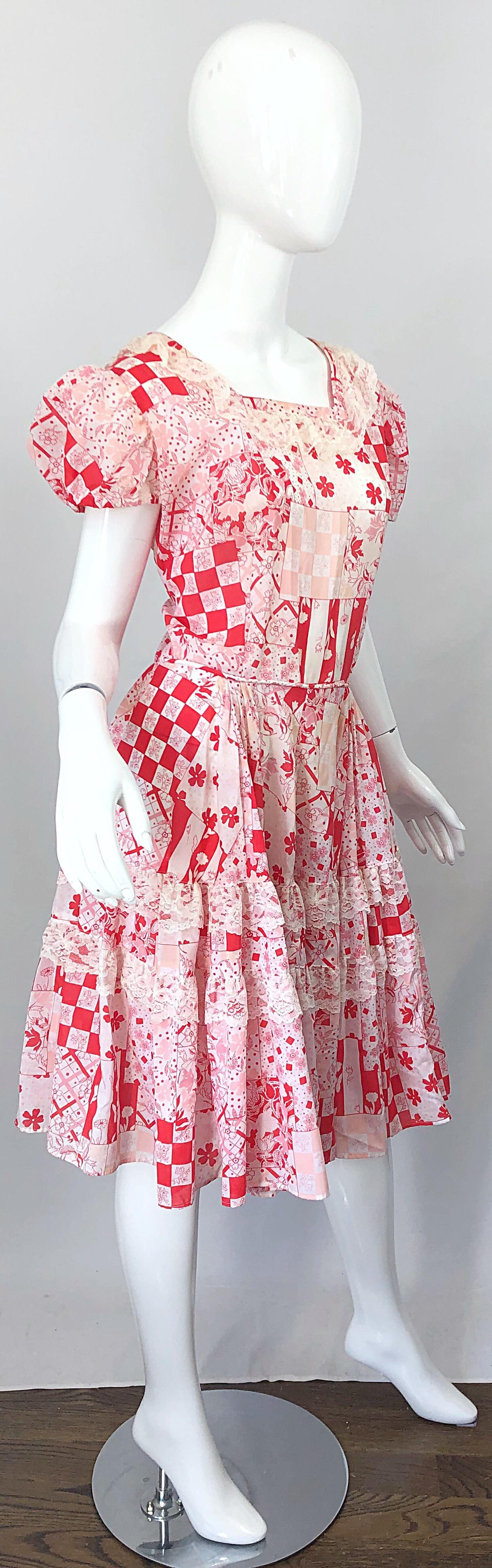 1970s Red and White Novelty Checker + Flower Print Vintage 70s Cotton Dress 3