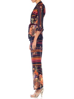1970S Red & Black Polyester Jersey Disco Floral Shirt Pants Ensemble