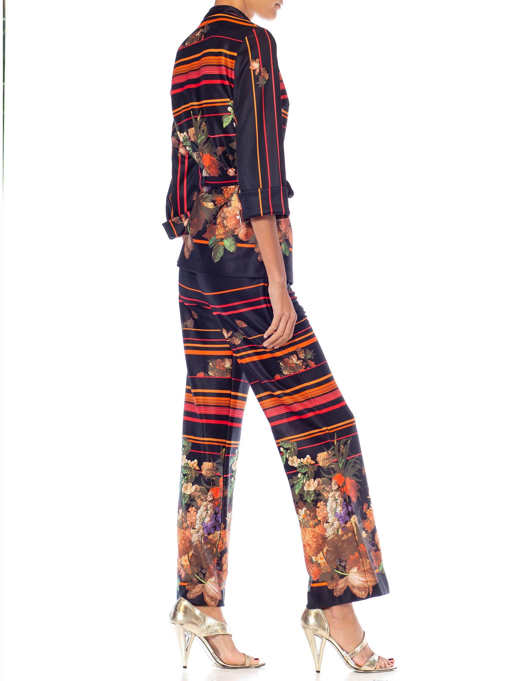 Women's 1970S Red & Black Polyester Jersey Disco Floral Shirt Pants Ensemble