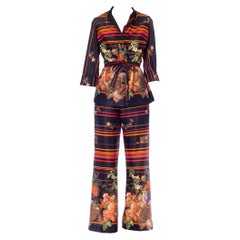 1970S Red & Black Polyester Jersey Disco Floral Shirt Pants Ensemble