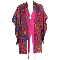 1970S Red & Blue Silk Floral Kimono Lined In Hot Pink