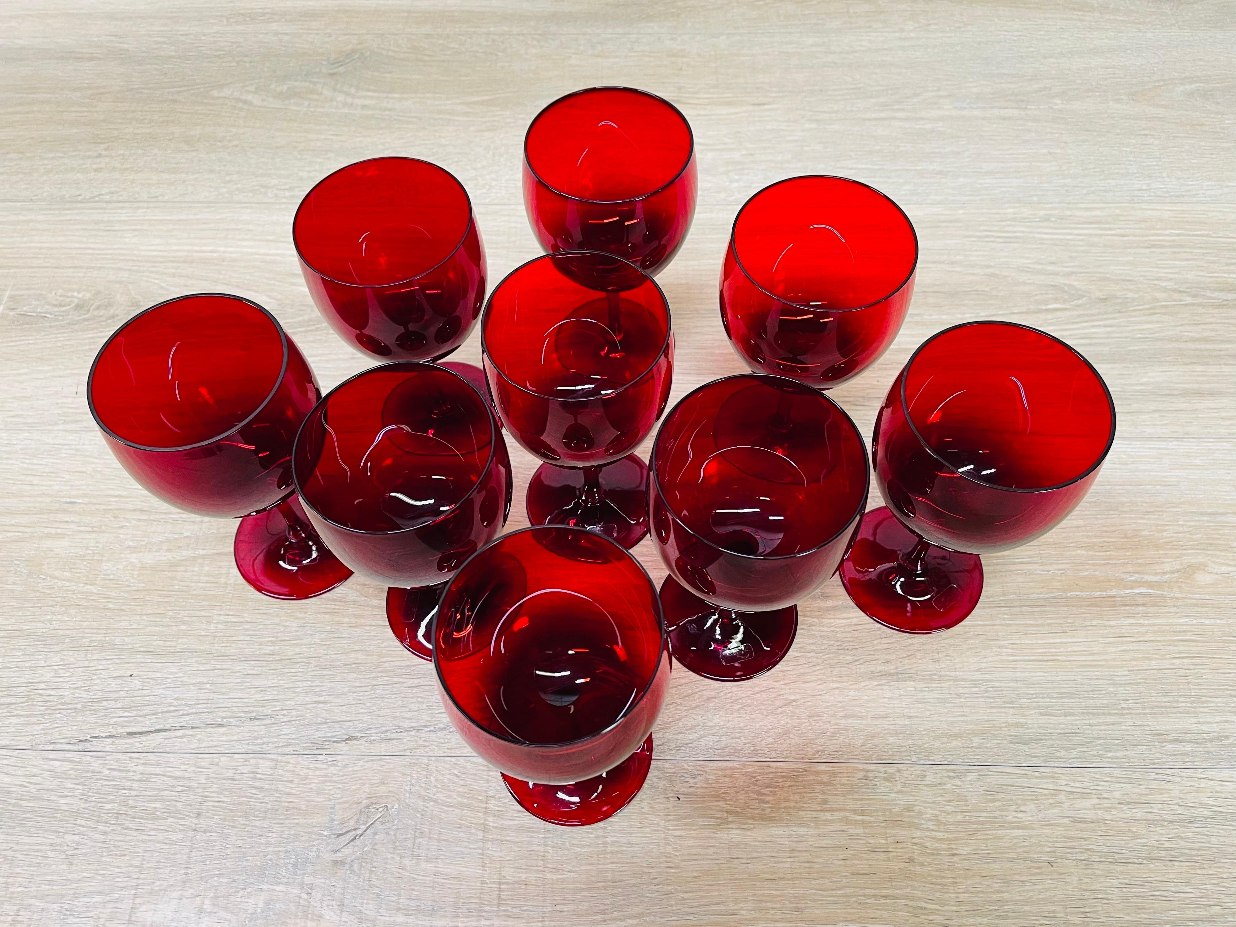 Mid-Century Modern 1970s Red Bohemian Glass Wine Stems, Set of 9 For Sale