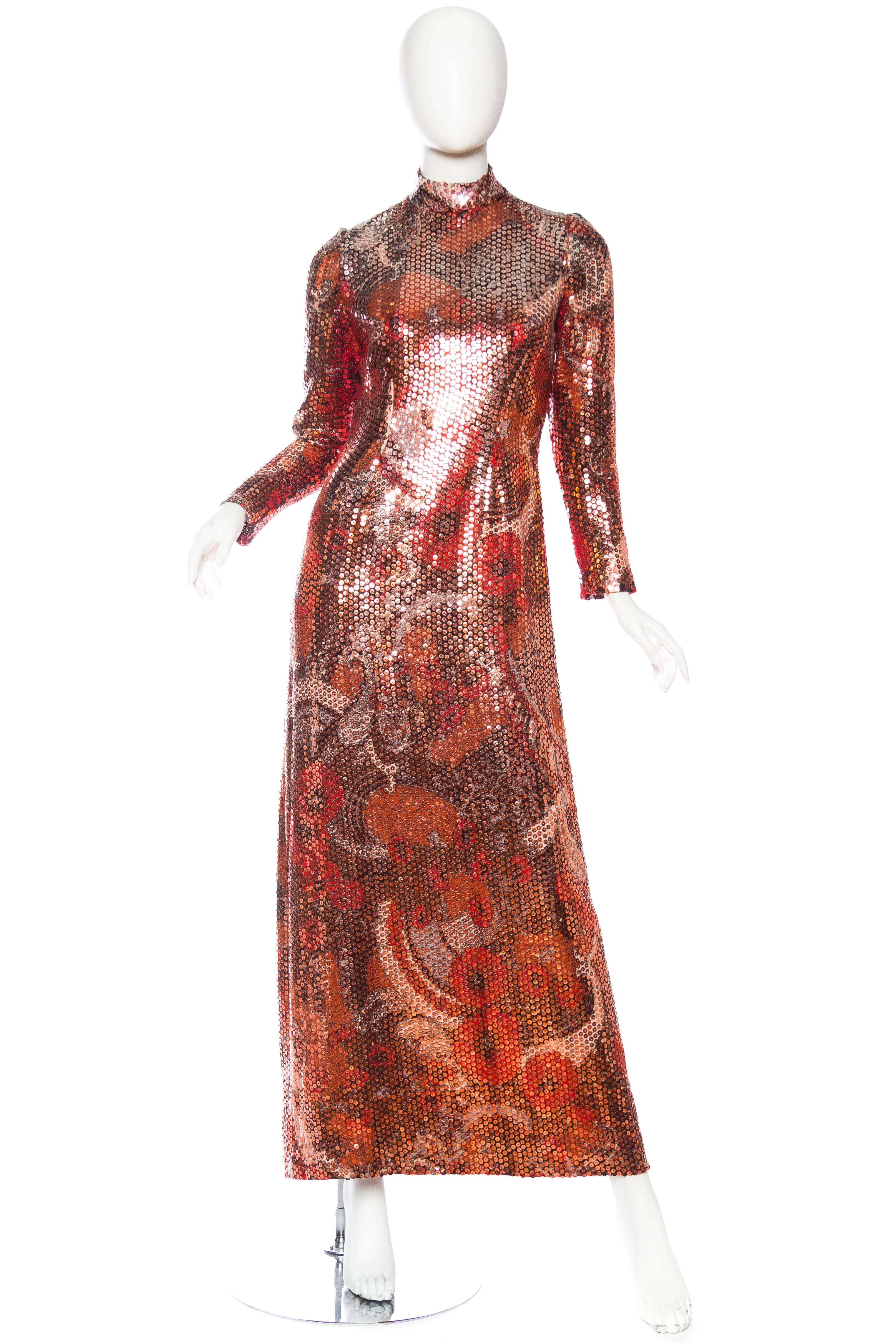 Lined in red rayon, minor sequin loss. 1970S Red & Brown Wool Psychedelic Floral Anne Fogarty Sequined Sleeved Gown 