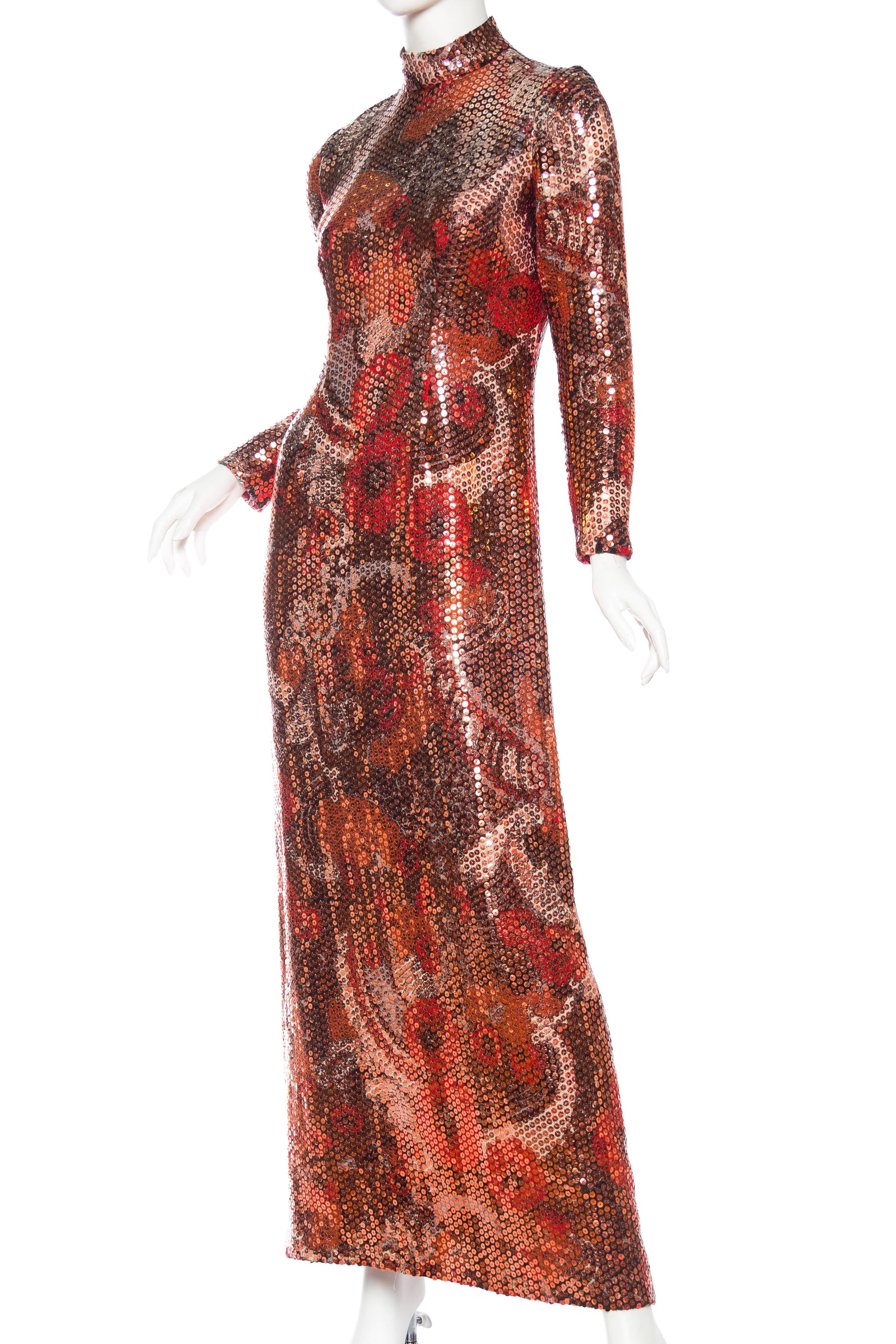 Women's 1970S Red & Brown Wool Psychedelic Floral Anne Fogarty Sequined Sleeved Gown