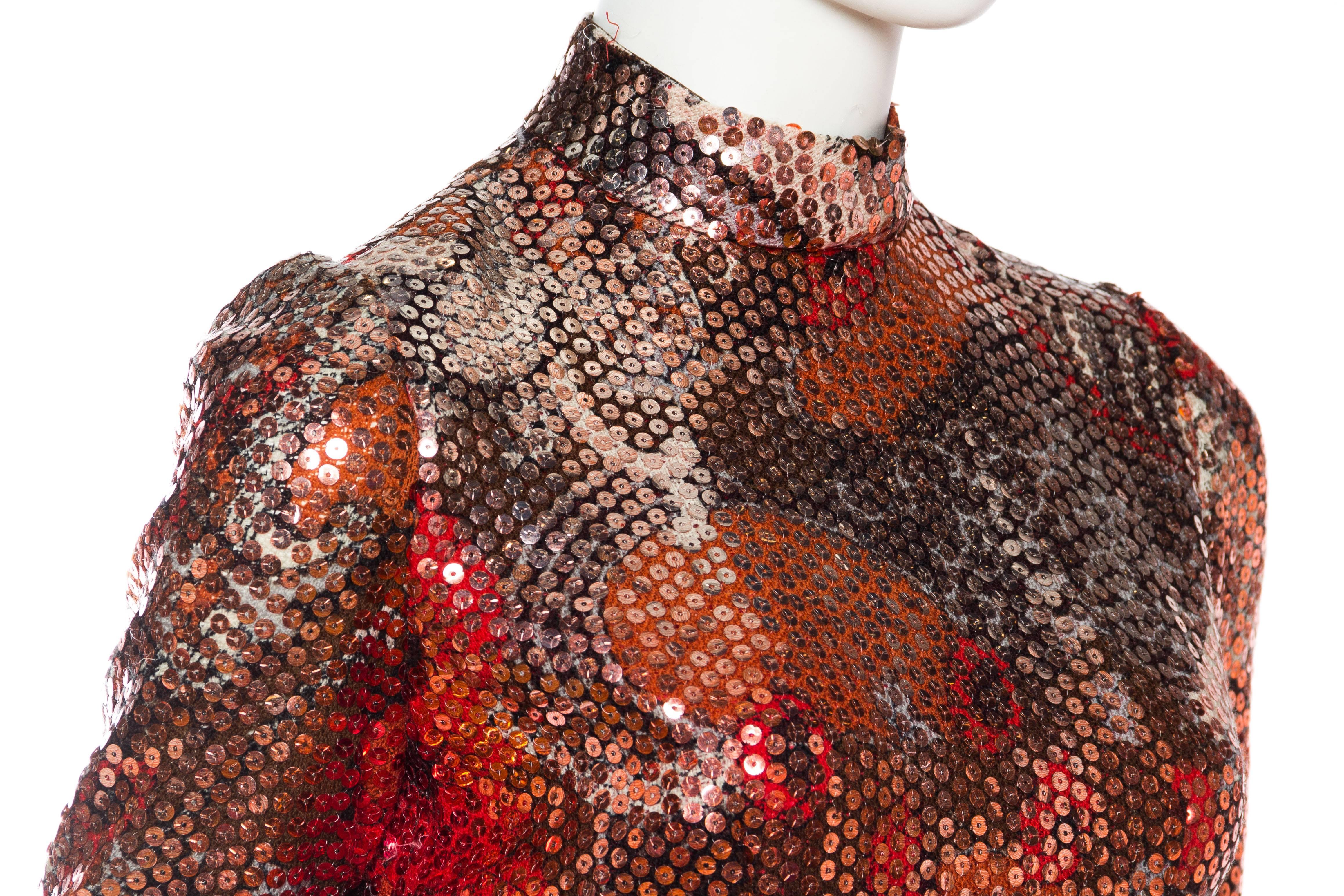1970S Red & Brown Wool Psychedelic Floral Anne Fogarty Sequined Sleeved Gown 2
