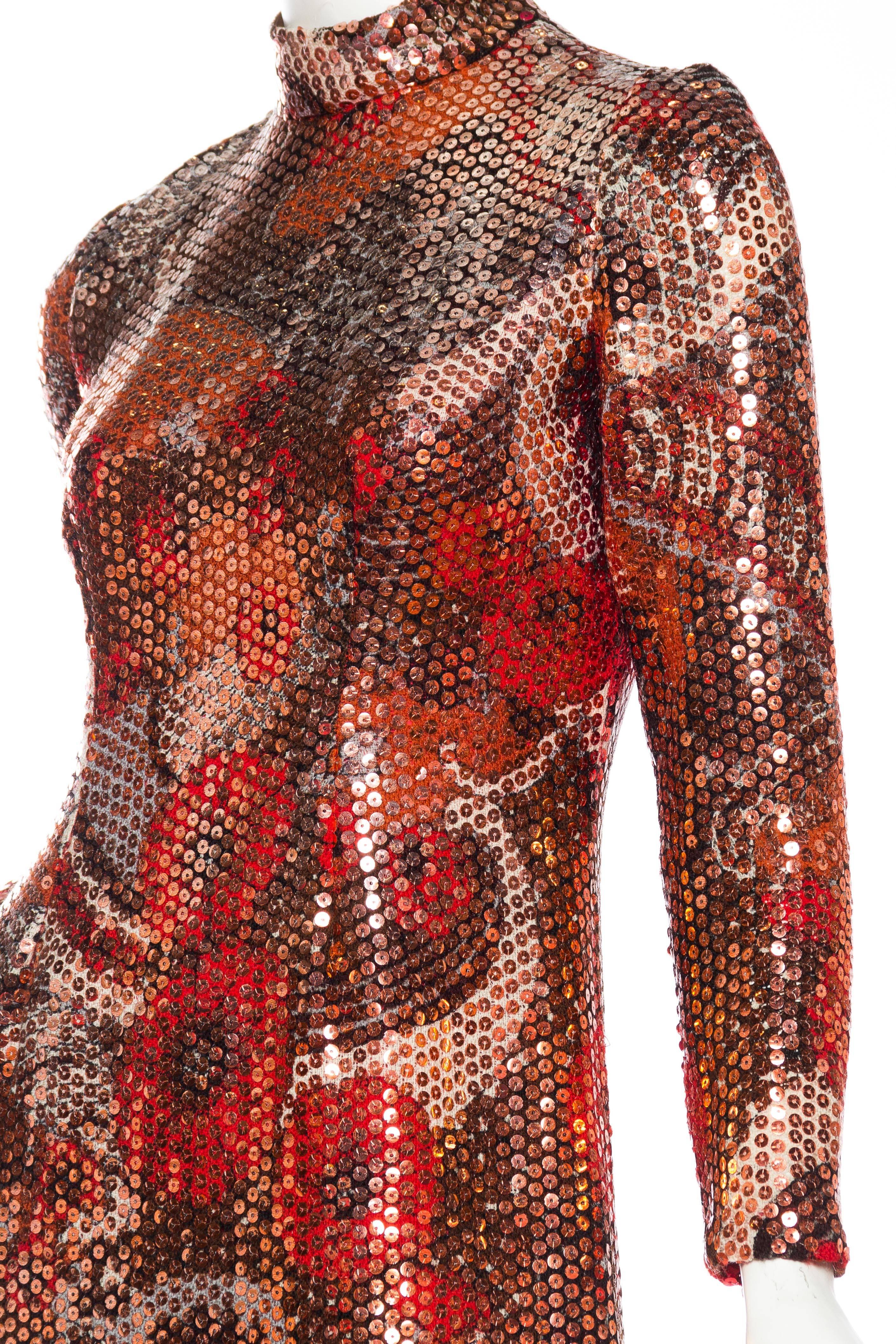 1970S Red & Brown Wool Psychedelic Floral Anne Fogarty Sequined Sleeved Gown 3