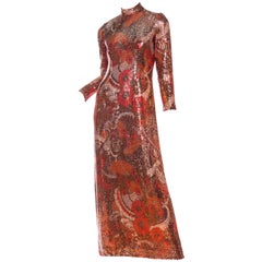 1970S Red & Brown Wool Psychedelic Floral Anne Fogarty Sequined Sleeved Gown