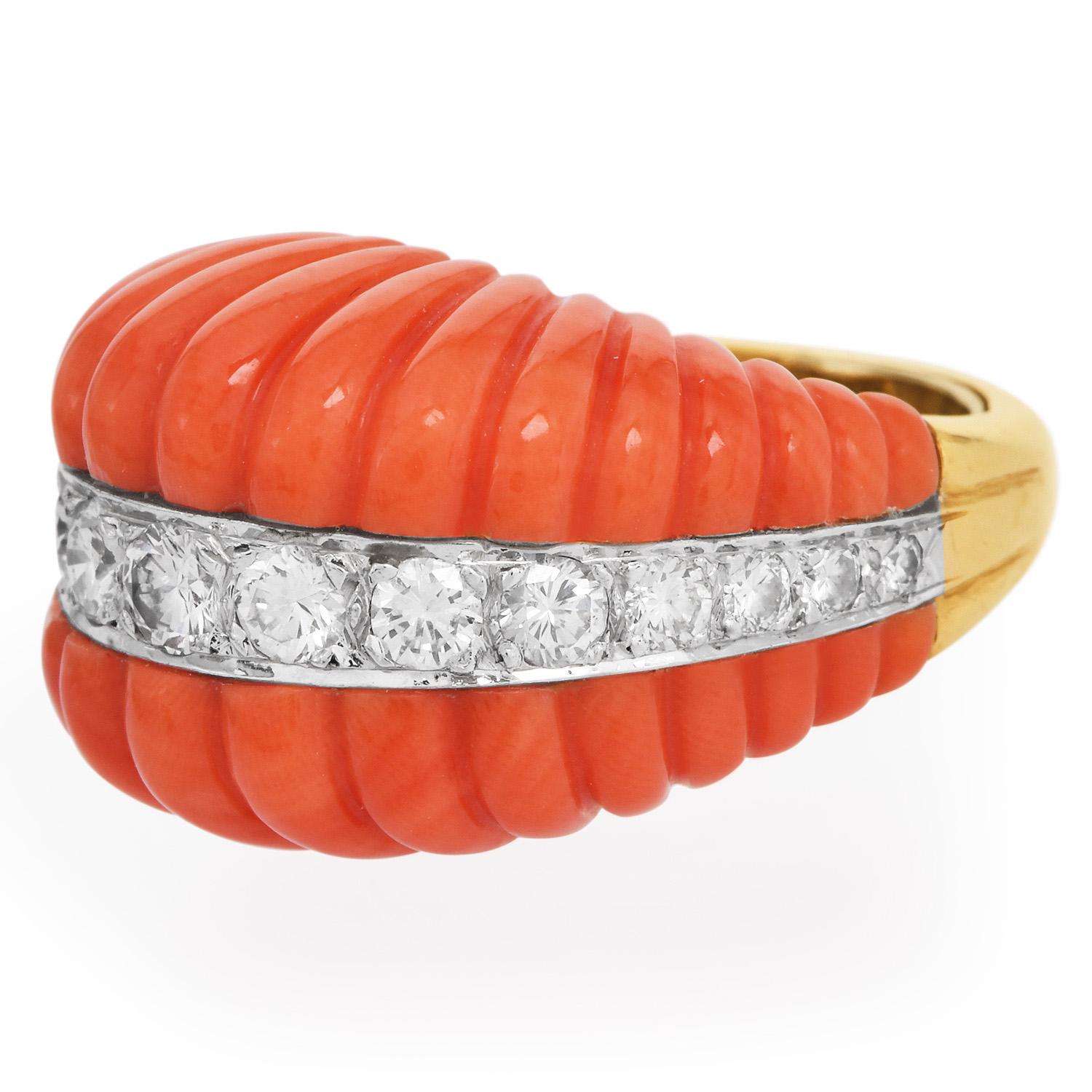 Round Cut 1970S Red Coral 18K Yellow Gold Dome Shape Diamond Cocktail Ring