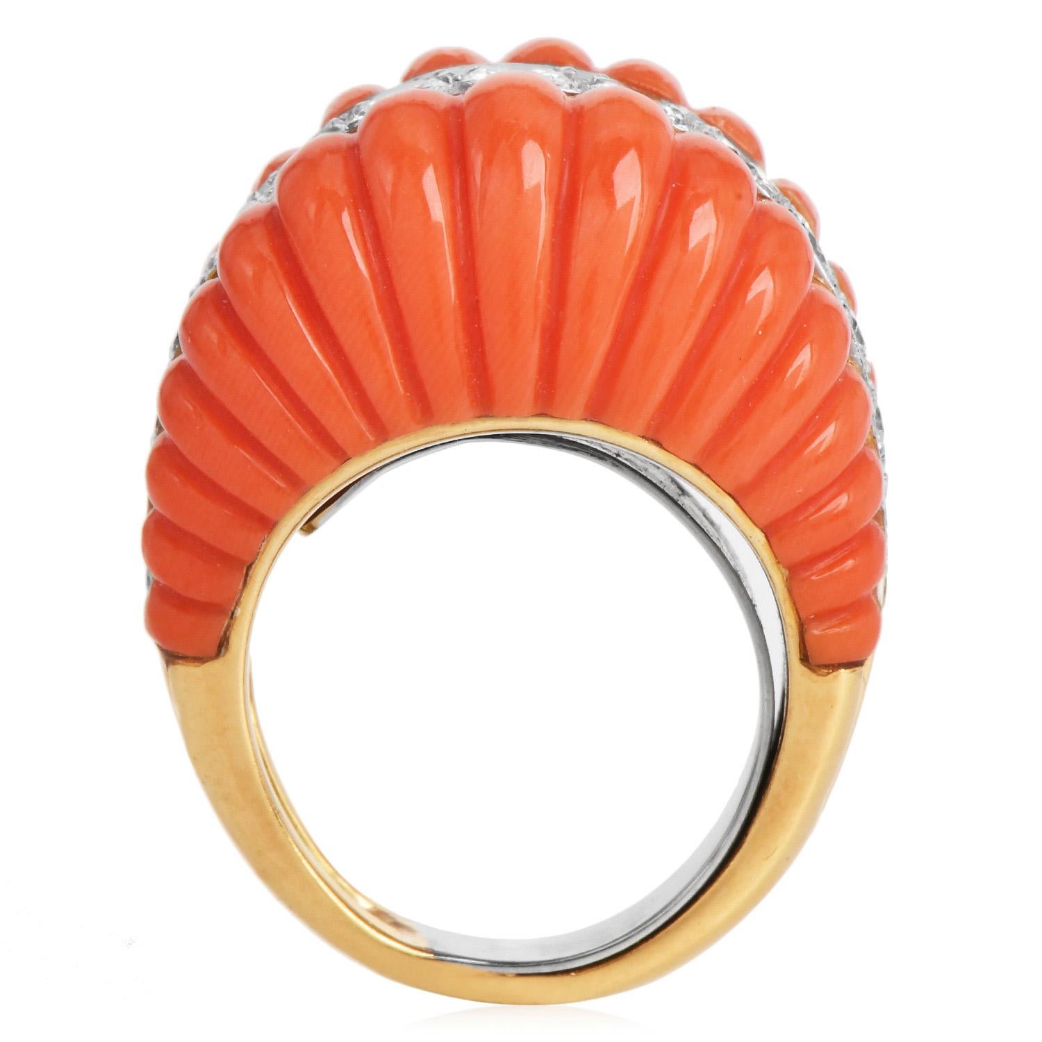 1970S Red Coral 18K Yellow Gold Dome Shape Diamond Cocktail Ring In Excellent Condition In Miami, FL
