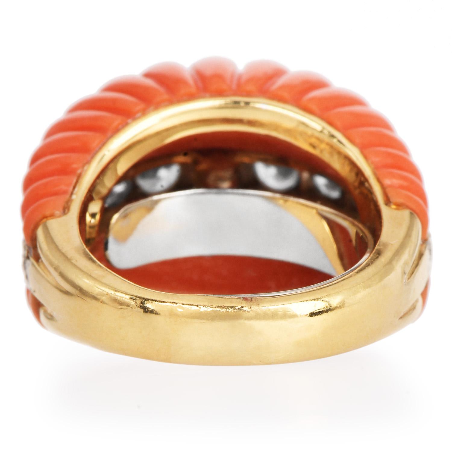 Women's 1970S Red Coral 18K Yellow Gold Dome Shape Diamond Cocktail Ring