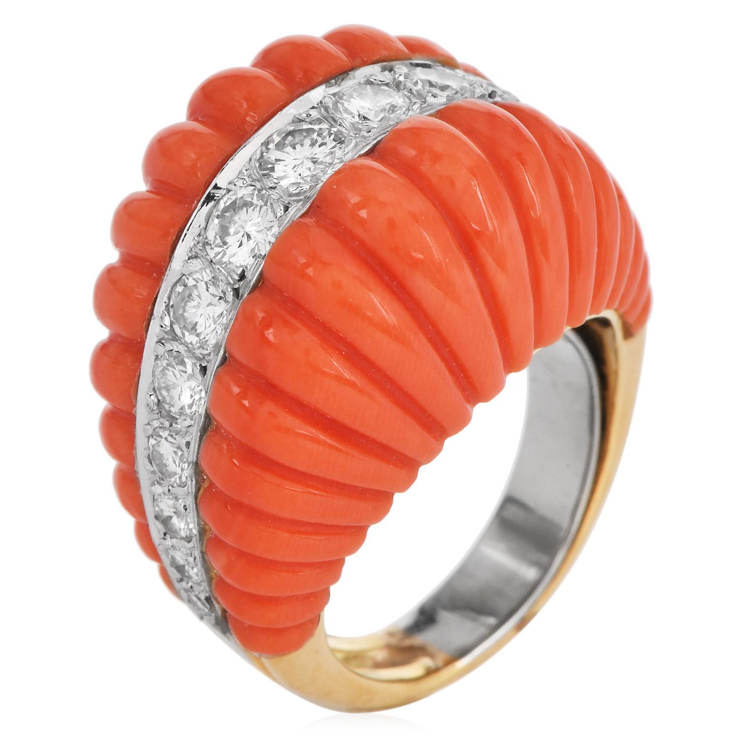 1970S Red Coral 18K Yellow Gold Dome Shape Diamond Cocktail Ring 1