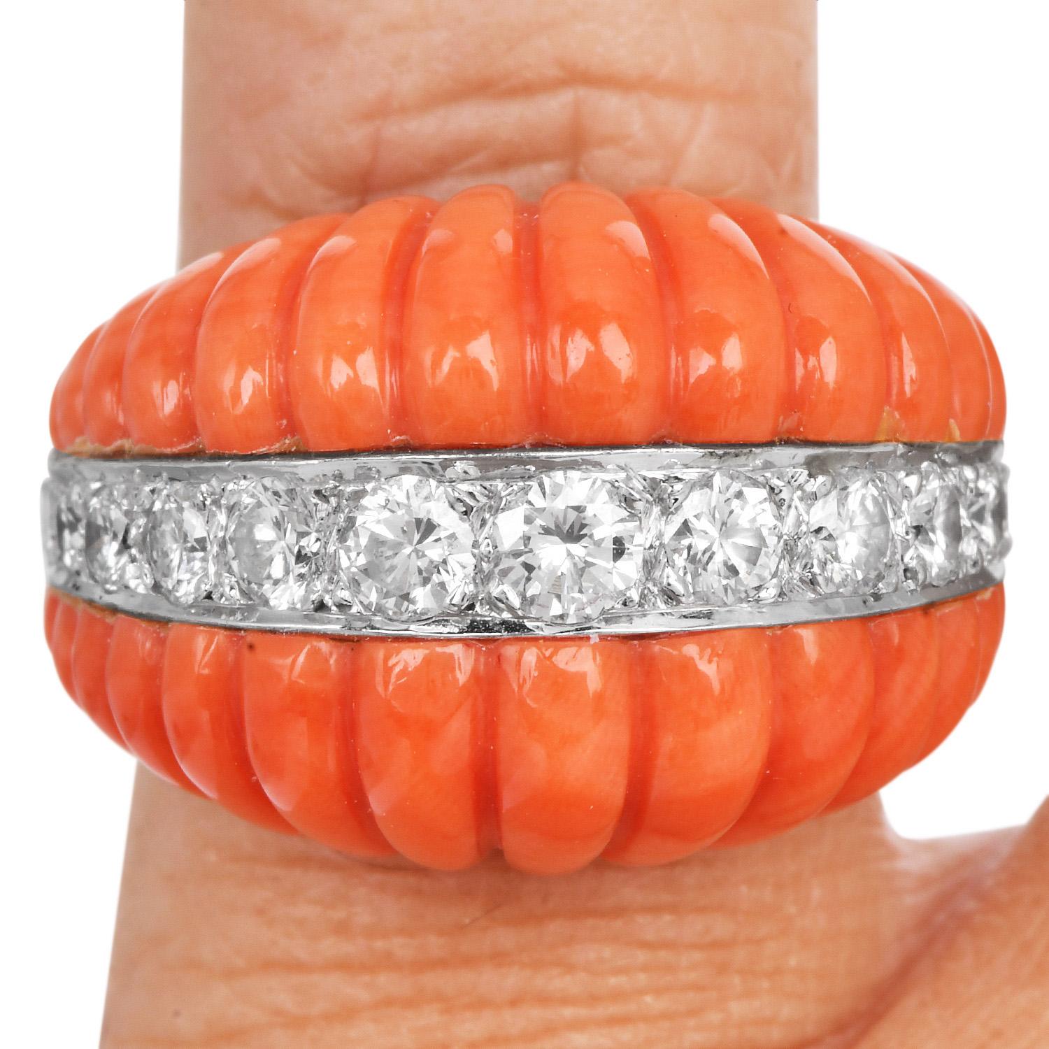 1970S Red Coral 18K Yellow Gold Dome Shape Diamond Cocktail Ring 2