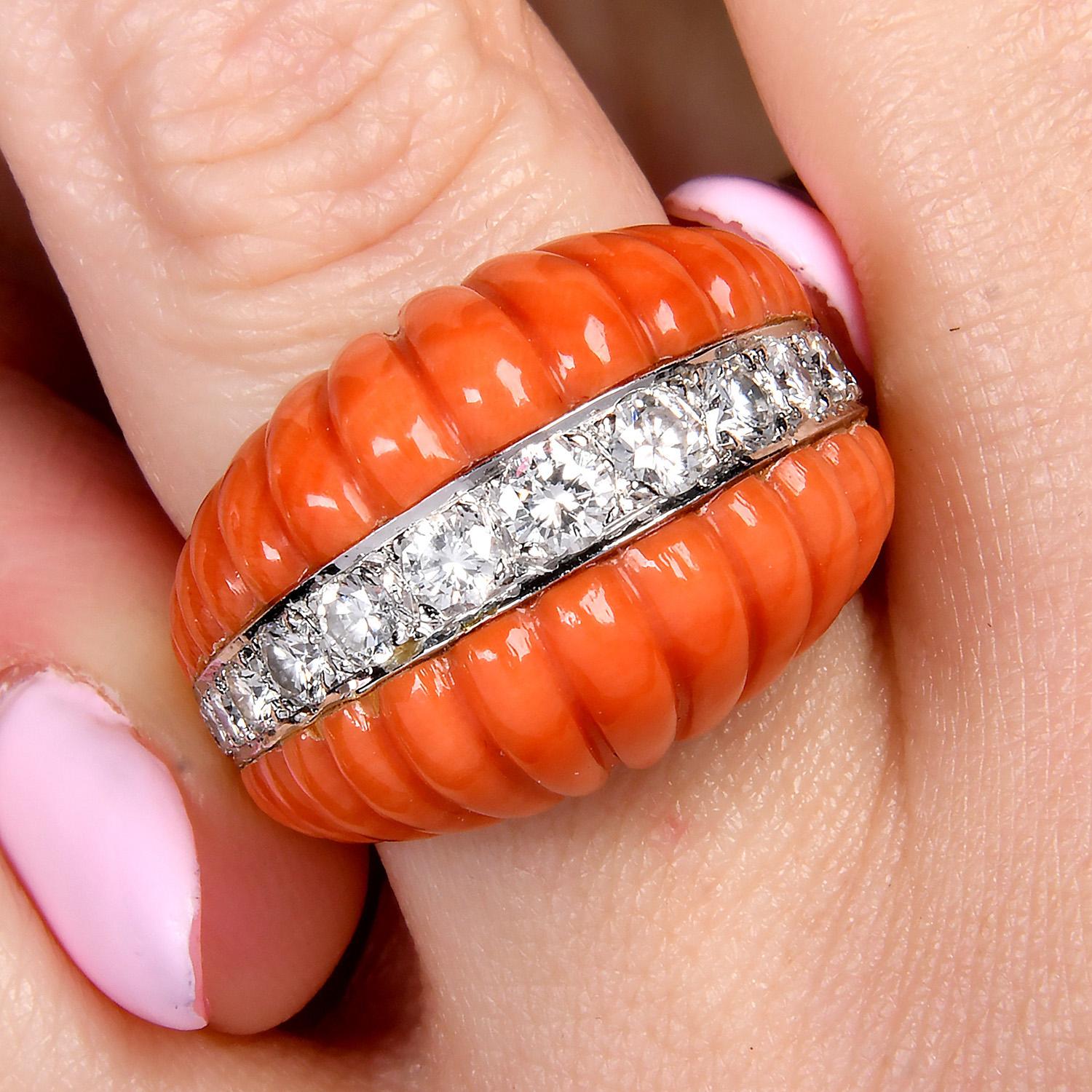 1970S Red Coral 18K Yellow Gold Dome Shape Diamond Cocktail Ring 3