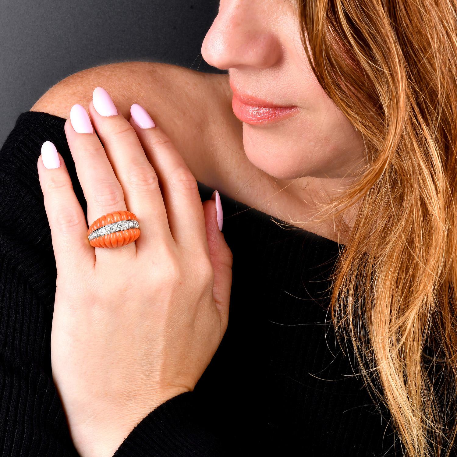 Retro 1970S Red Coral 18K Yellow Gold Dome Shape Diamond Cocktail Ring